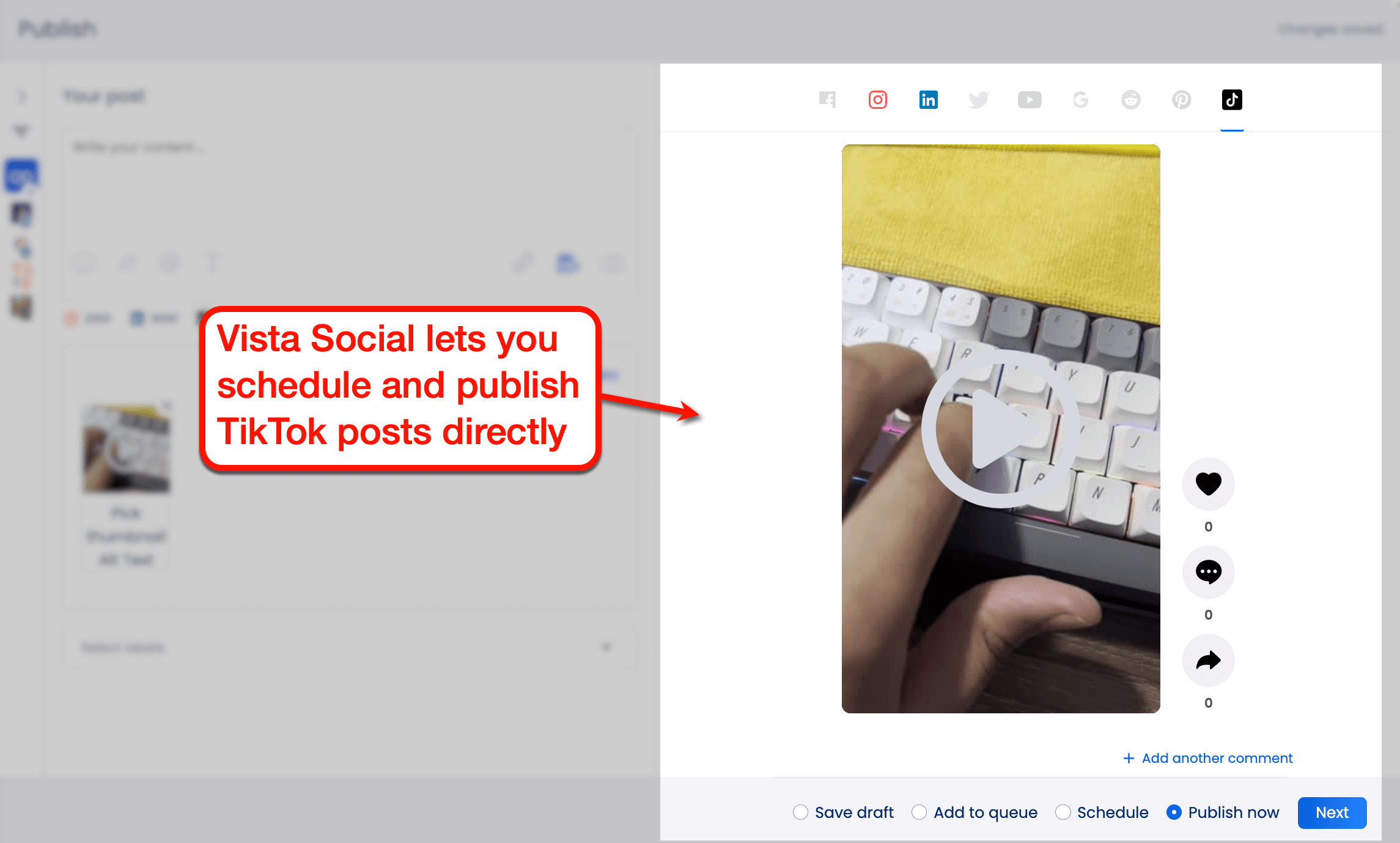 Screenshot of Vista Social's schedule and publish tool