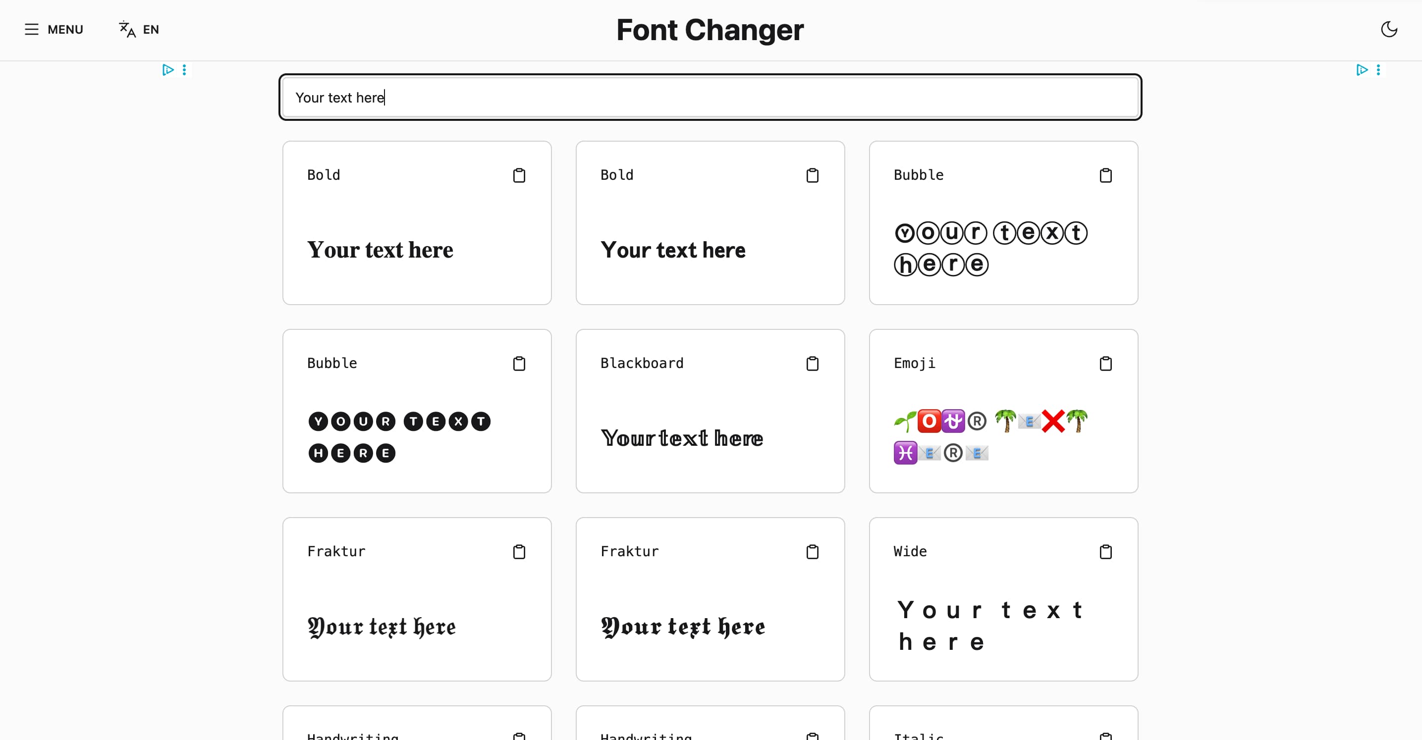A screenshot of a font changer app for copying fun fonts for social media content.