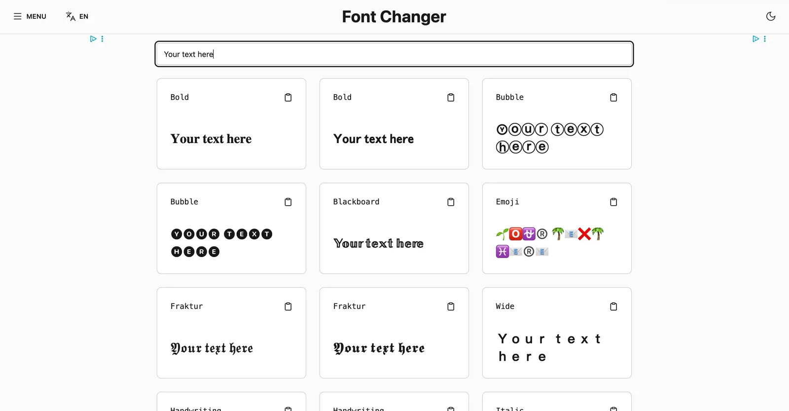 A screenshot of a font changer app for copying fun fonts for social media content.