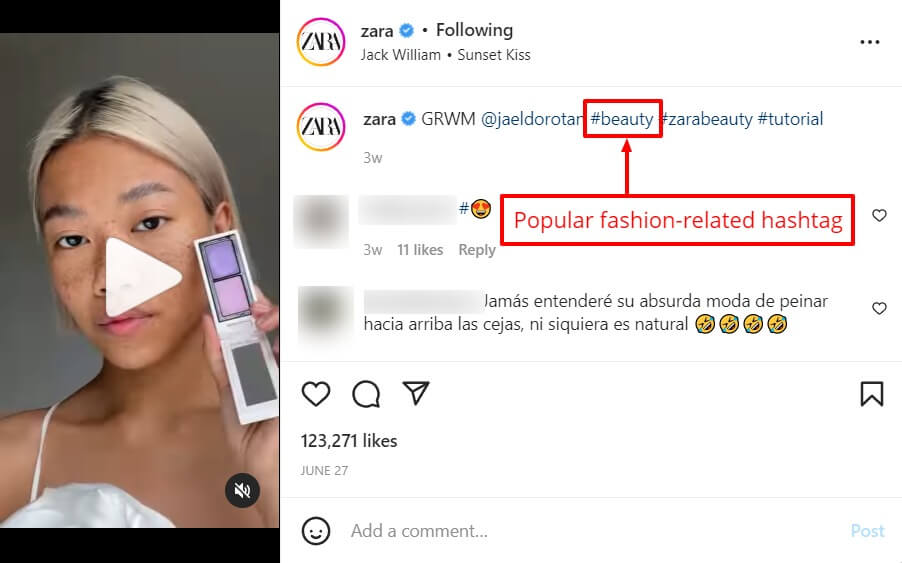 Screenshot of IG Reels hashtag for fashion