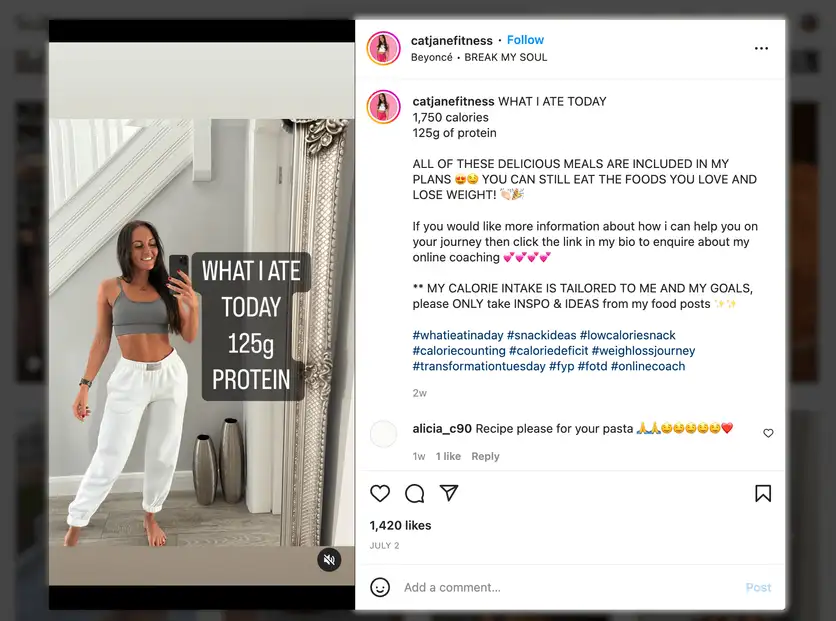 Screenshot of Marketing Instagram Reels example, What I ate today - Cat Jane