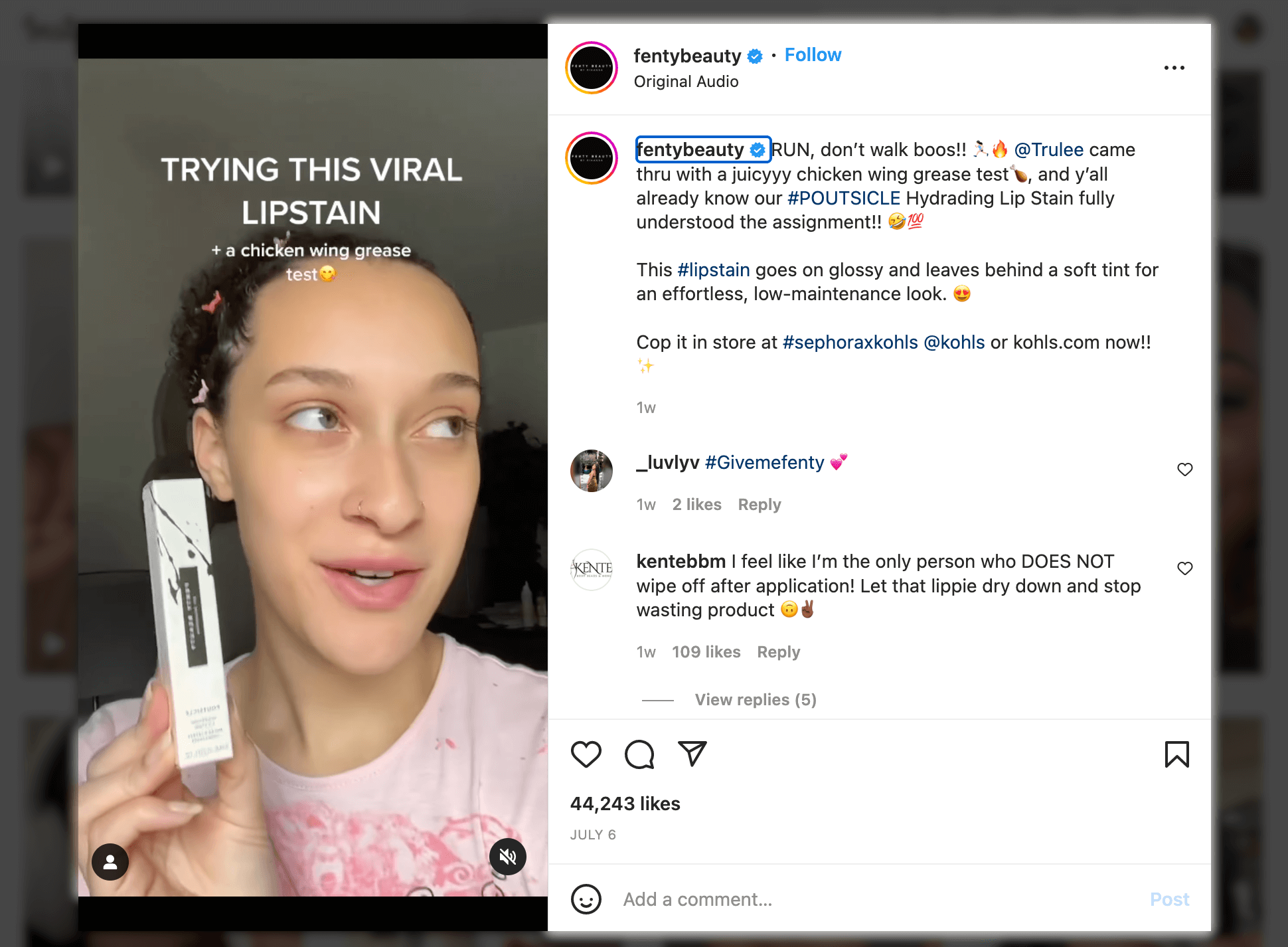 Screenshot of Marketing Instagram Reels example, “Chicken Wing Grease Test” - Fenty Beauty