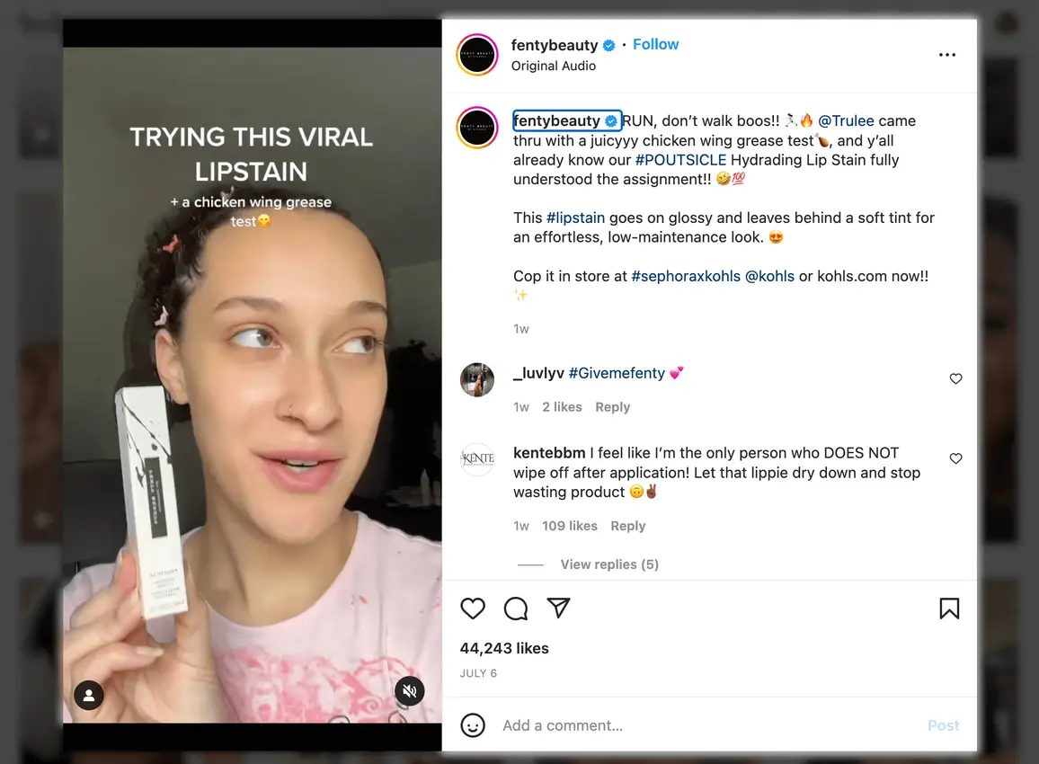 Screenshot of Marketing Instagram Reels example, “Chicken Wing Grease Test” - Fenty Beauty