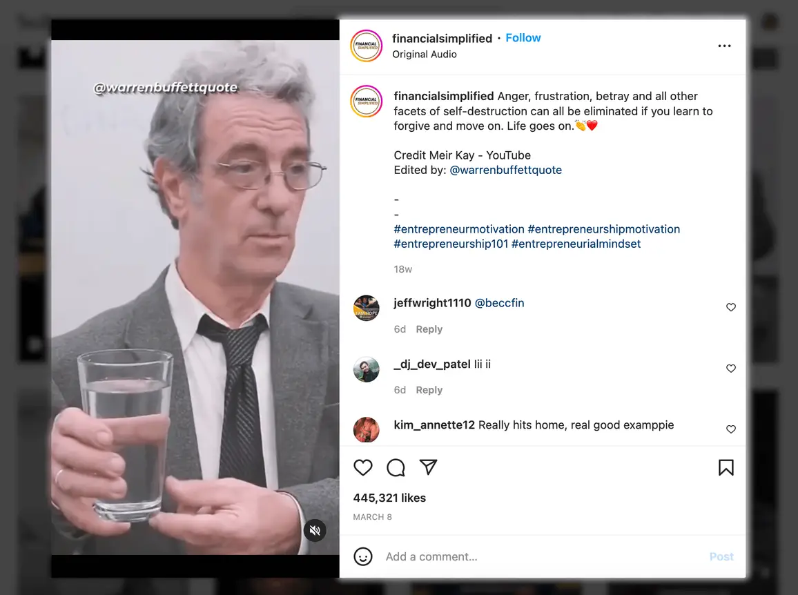 Screenshot of Marketing Instagram Reels example, How heavy is this glass - Financial Simplified