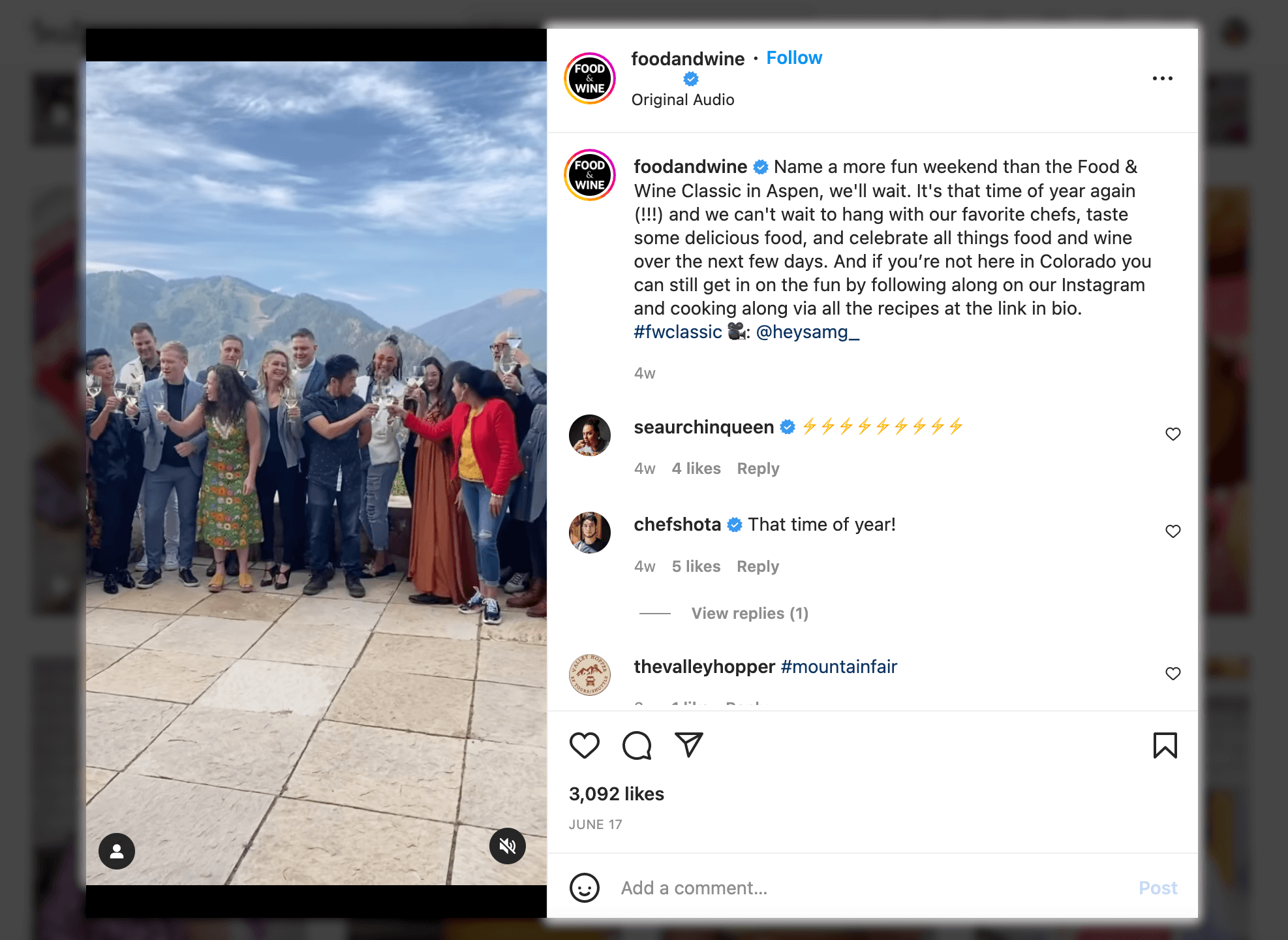 Screenshot of Marketing Instagram Reels example, Food & Wine Classic in Aspen - Food & Wine