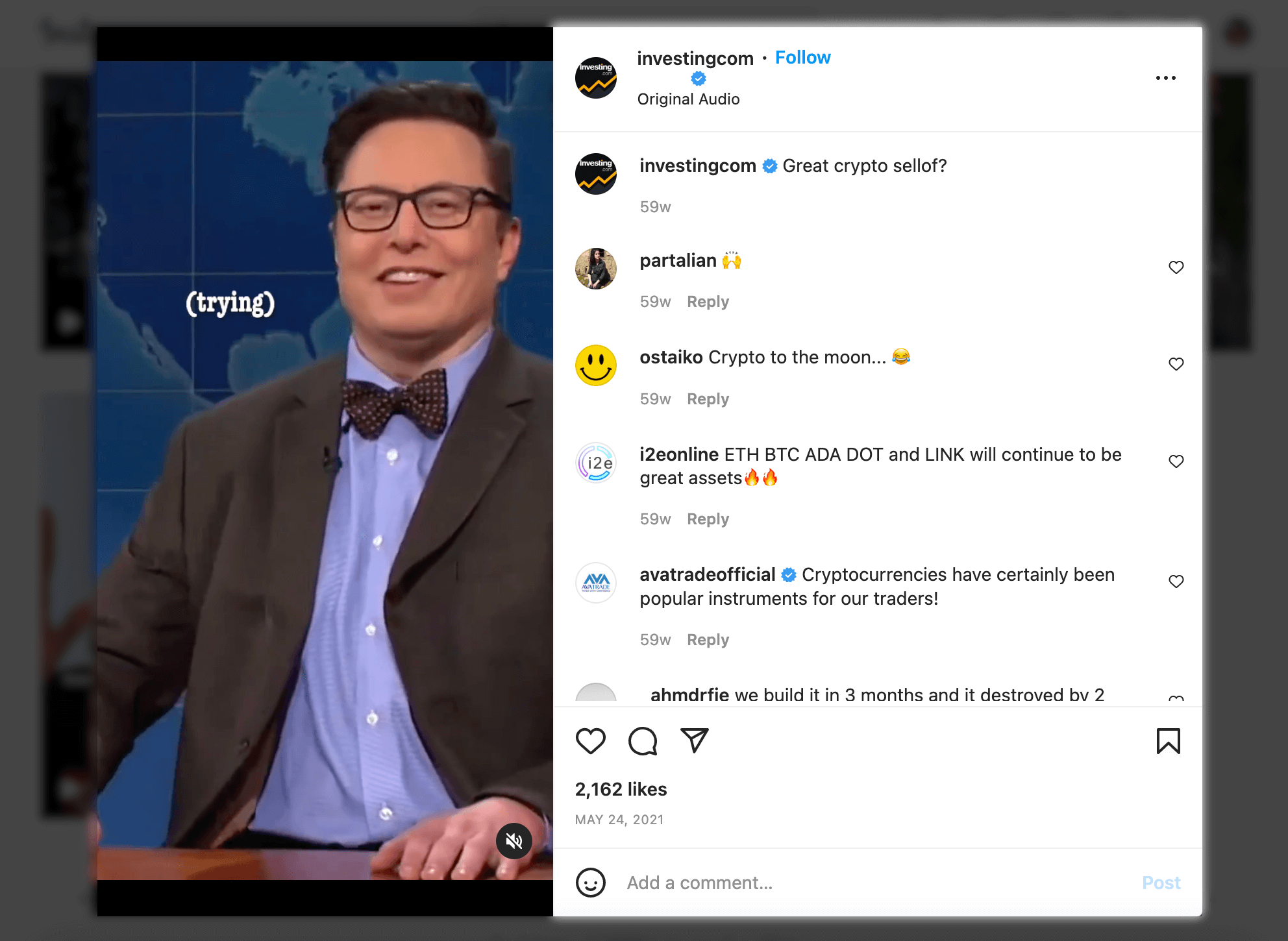 Screenshot of Marketing Instagram Reels example, Great crypto sell-off - Investing.com