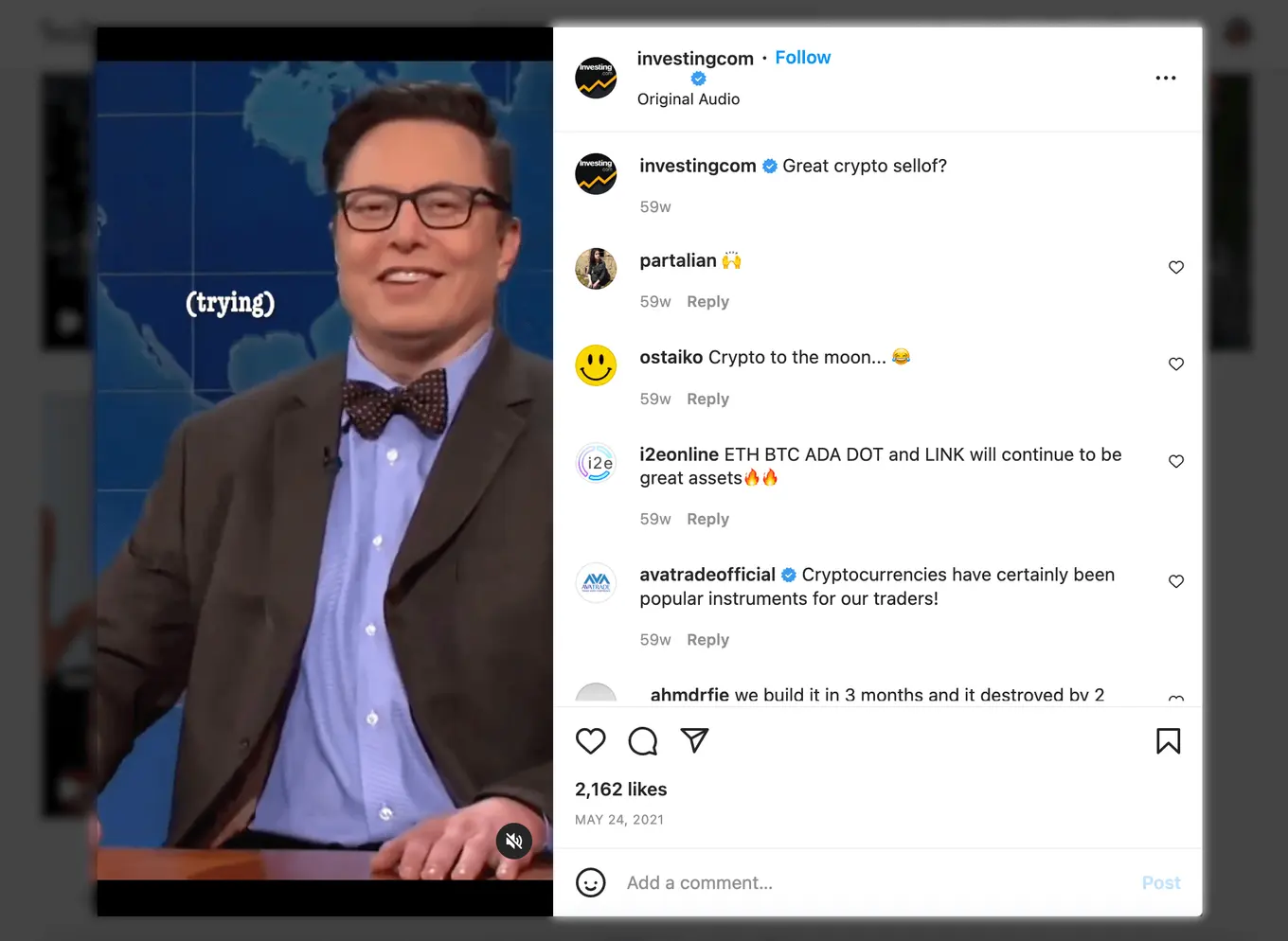 Screenshot of Marketing Instagram Reels example, Great crypto sell-off - Investing.com