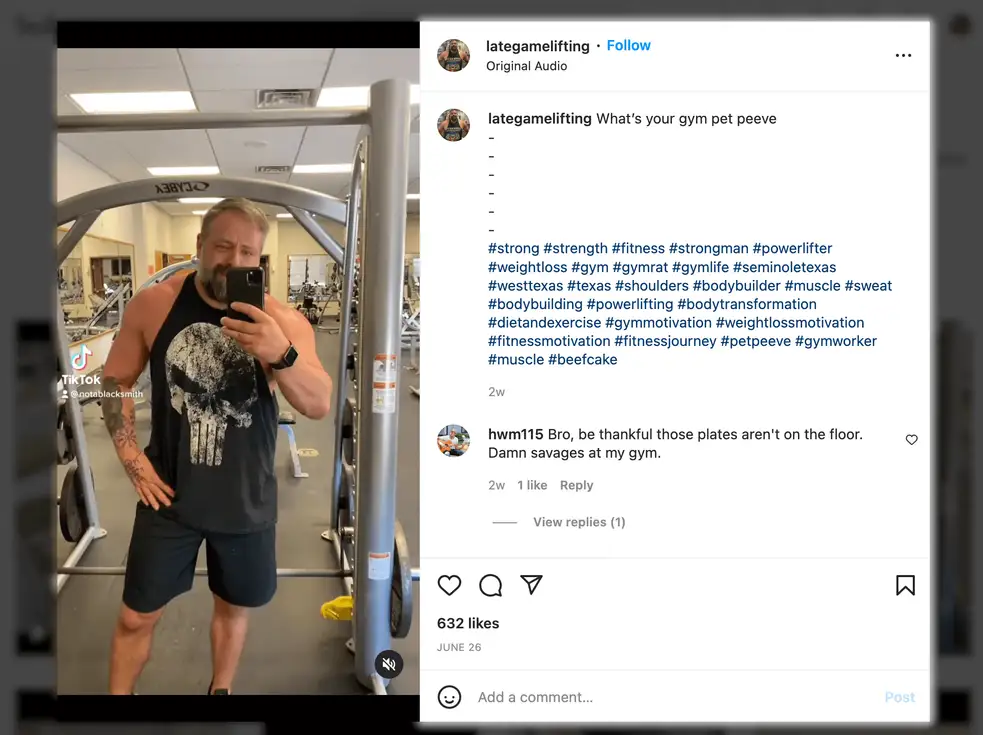 Screenshot of Marketing Instagram Reels example, What’s your gym pet peeve - Late Game Lifting