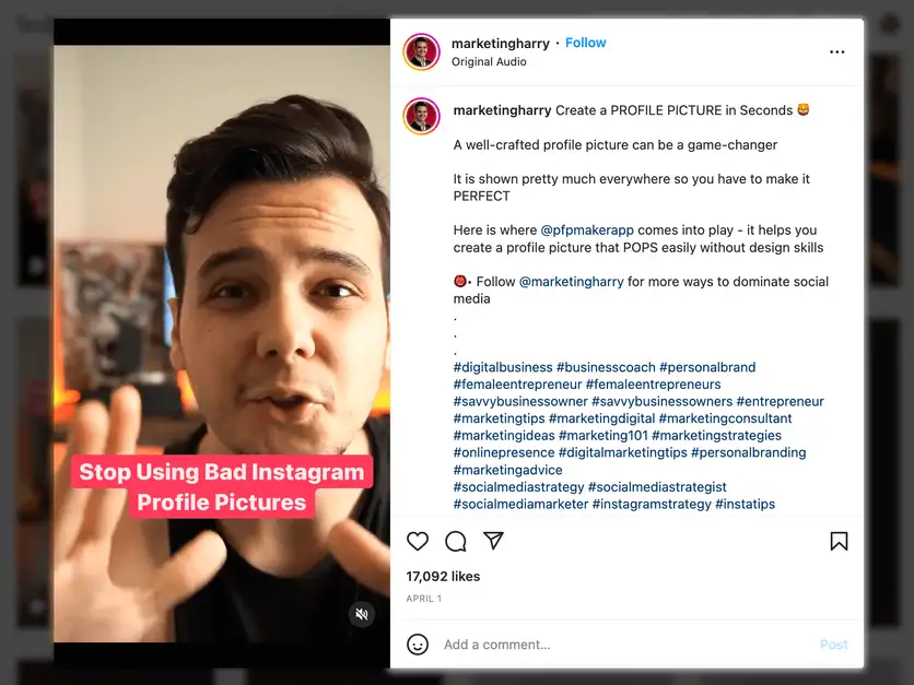 Screenshot of Marketing Instagram Reels example, Bad Instagram profile pictures - Marketing Harry