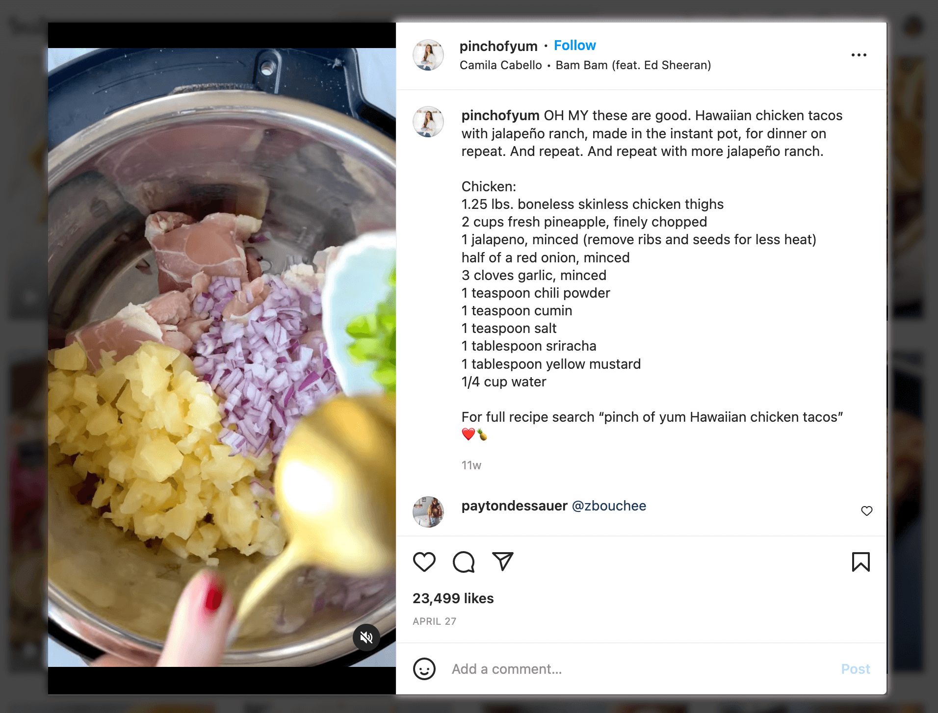 Screenshot of Marketing Instagram Reels example, These tacos are life - Pinch of Yum