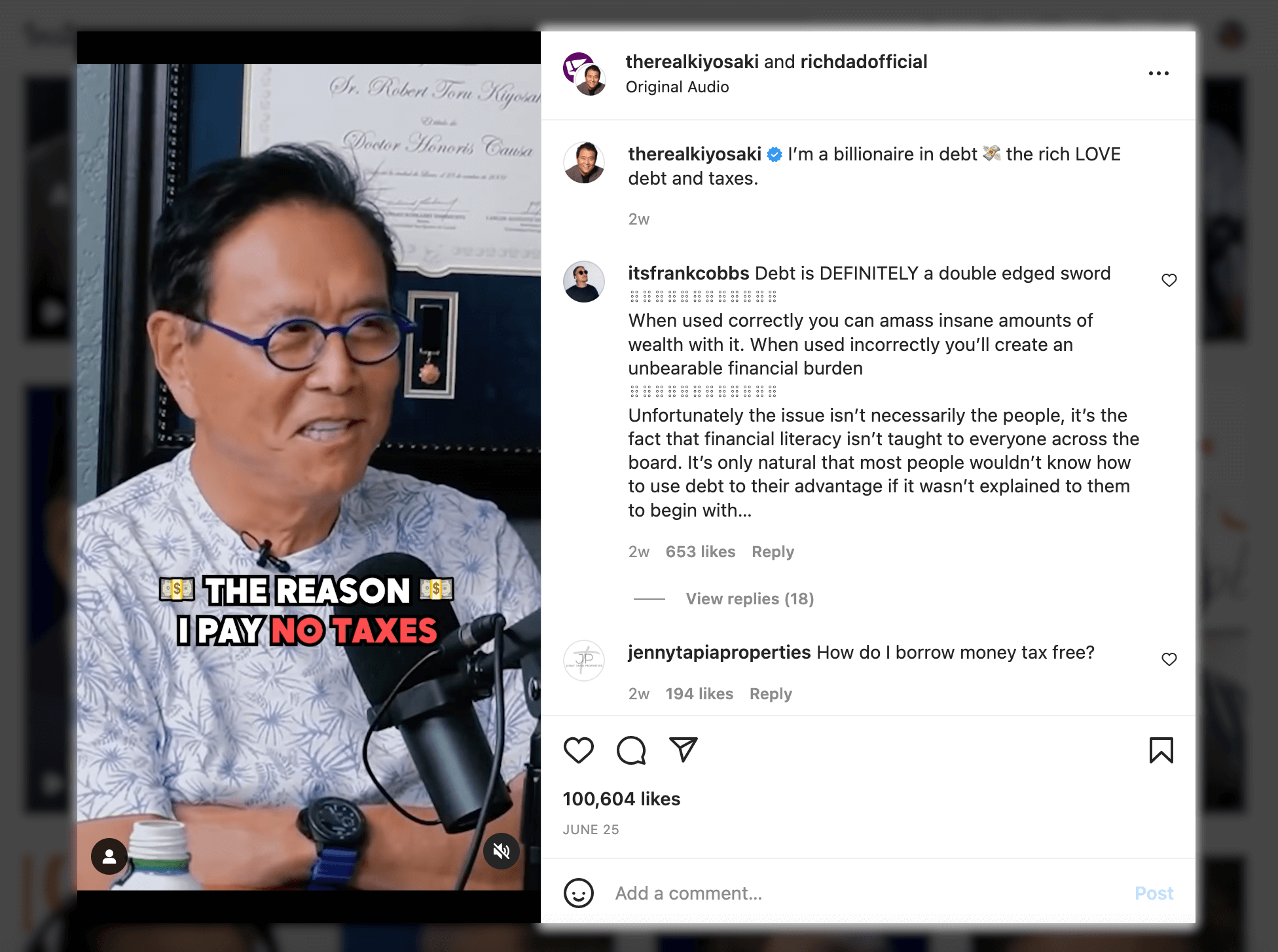 Screenshot of Marketing Instagram Reels example, I’m rich because I’m in debt - Robert Kiyosaki