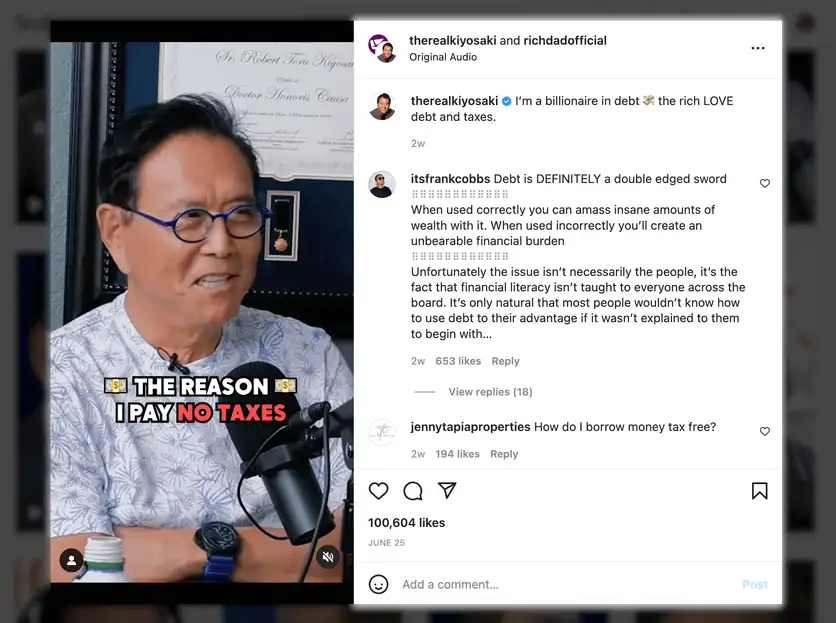 Screenshot of Marketing Instagram Reels example, I’m rich because I’m in debt - Robert Kiyosaki