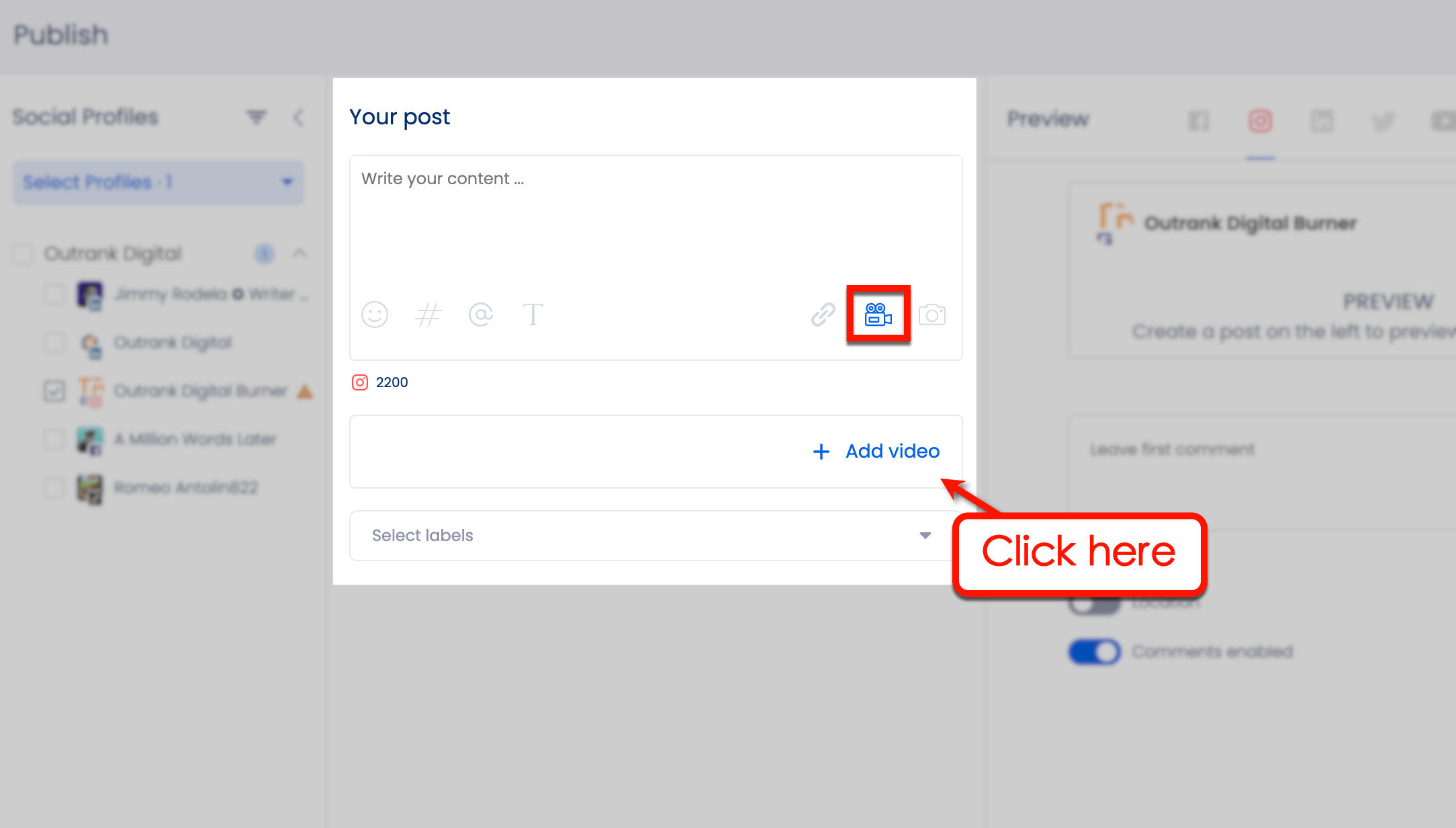 Screenshot of Vista Social's add video option