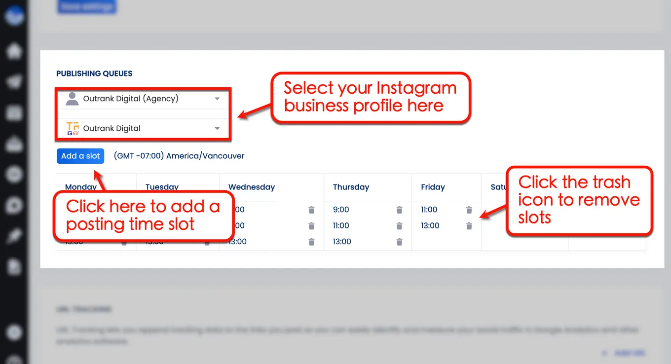 Screenshot of Vista Social's Posting time slot option