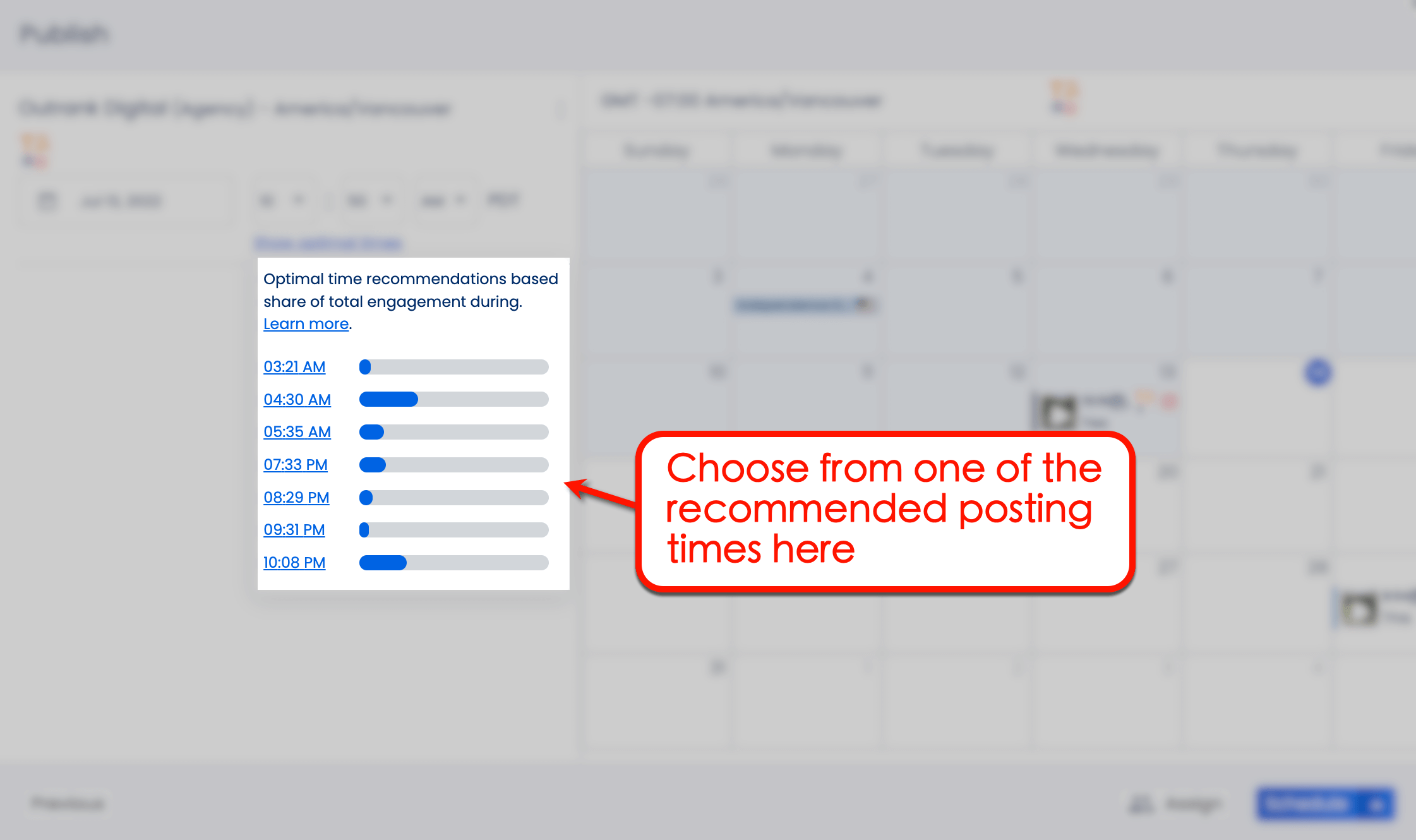 Screenshot of Vista Social's Recommended Time of posting