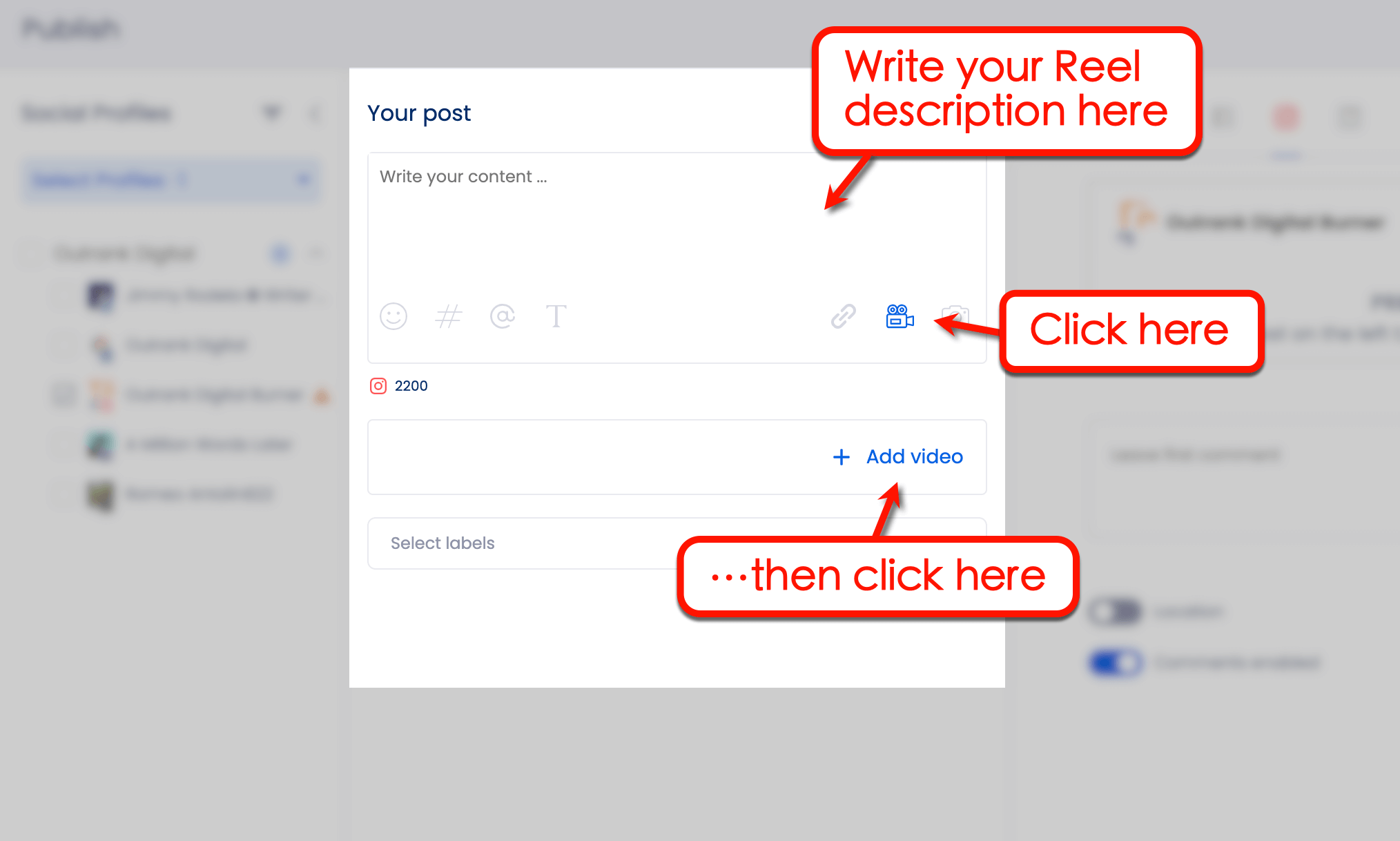 Screenshot of Vista Social's option to add Reel description