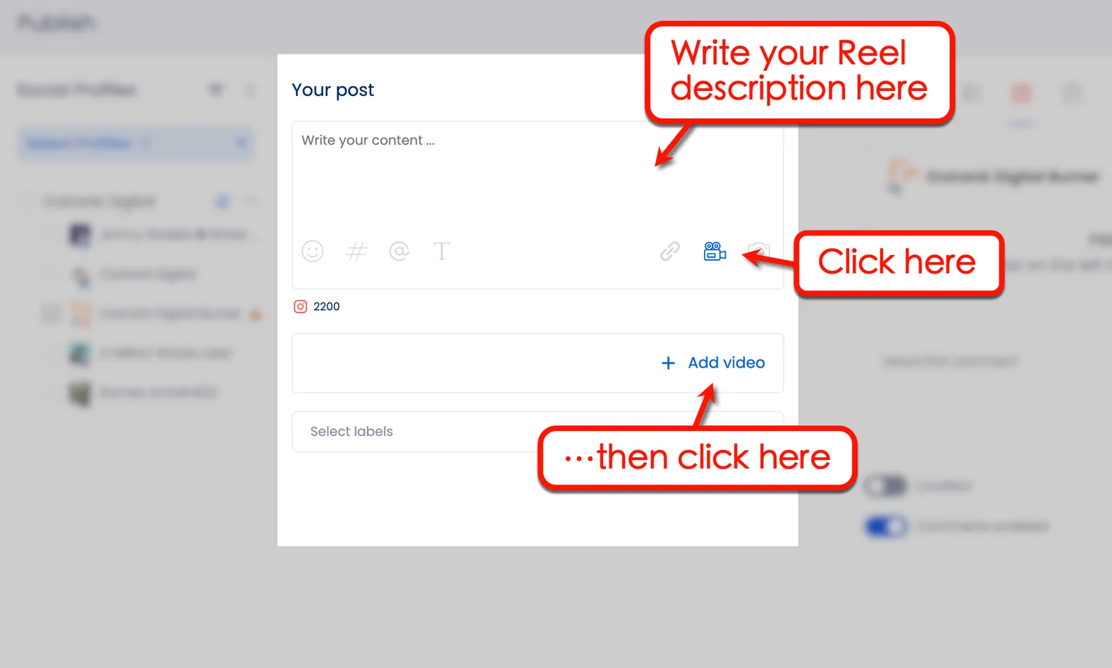 Screenshot of Vista Social's option to add Reel description