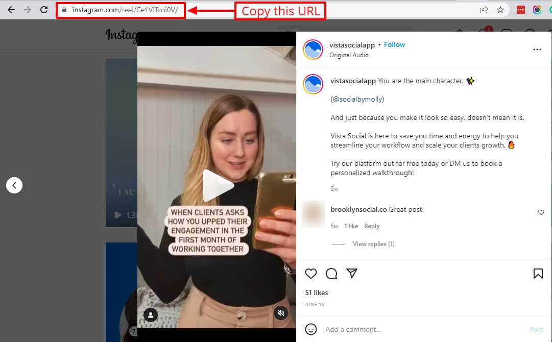 Screenshot of copying IG URL