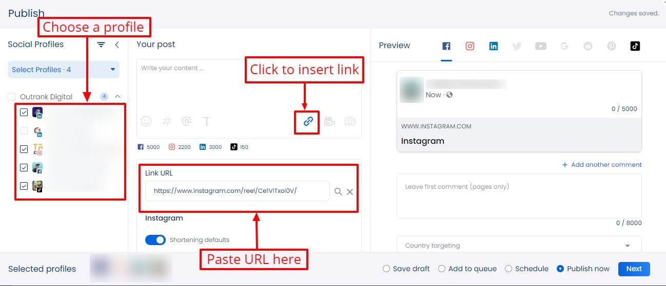 Screenshot of choosing a profile you want to use or share the Instagram Reel
