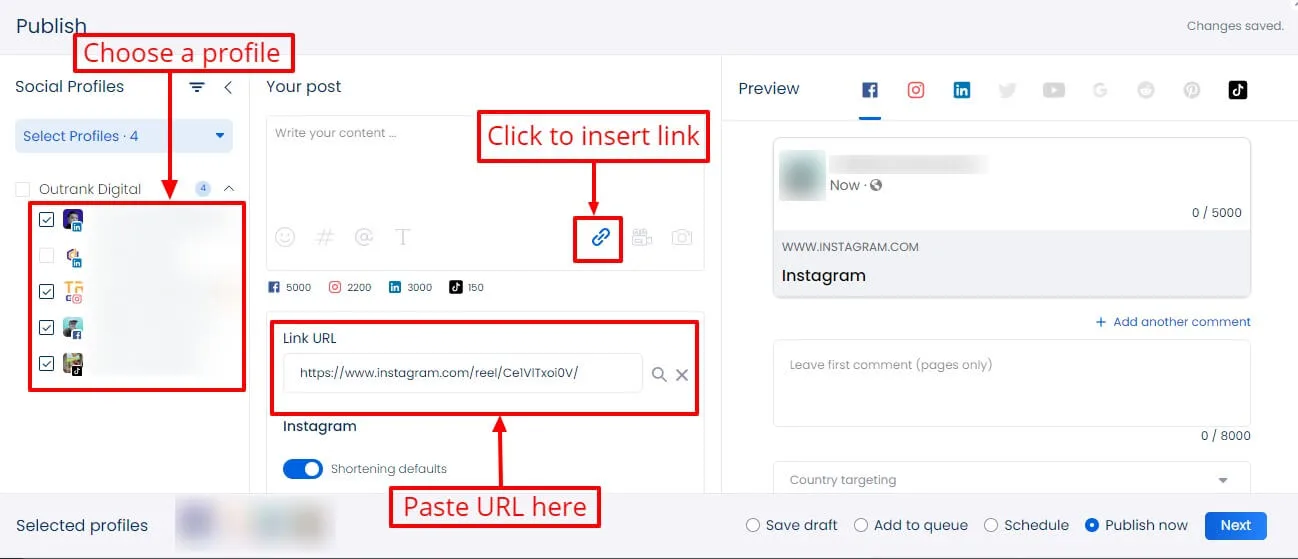 Screenshot of choosing a profile you want to use or share the Instagram Reel