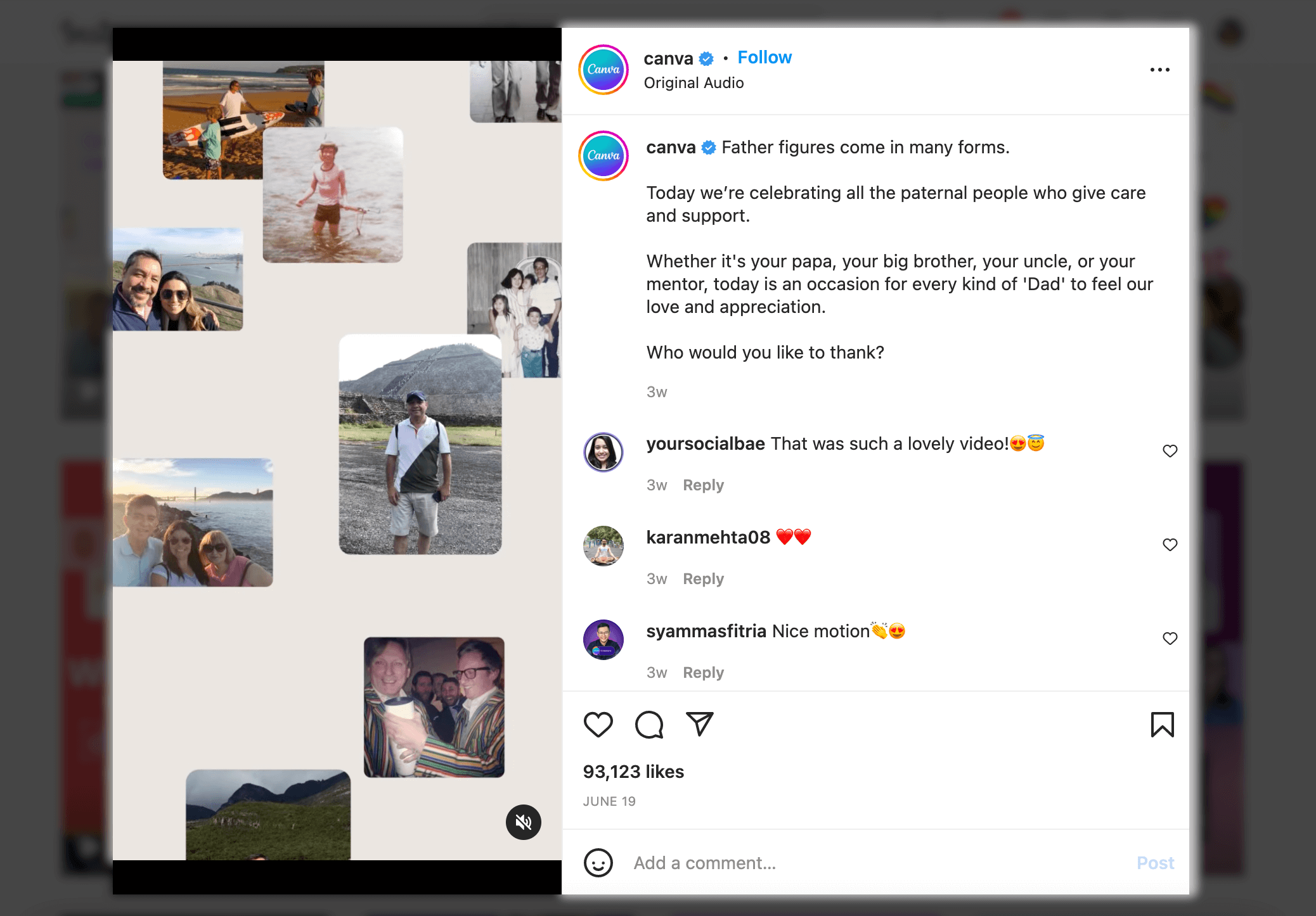 Screenshot sample of High-performing Instagram Reels @canva Father figures come in many forms
