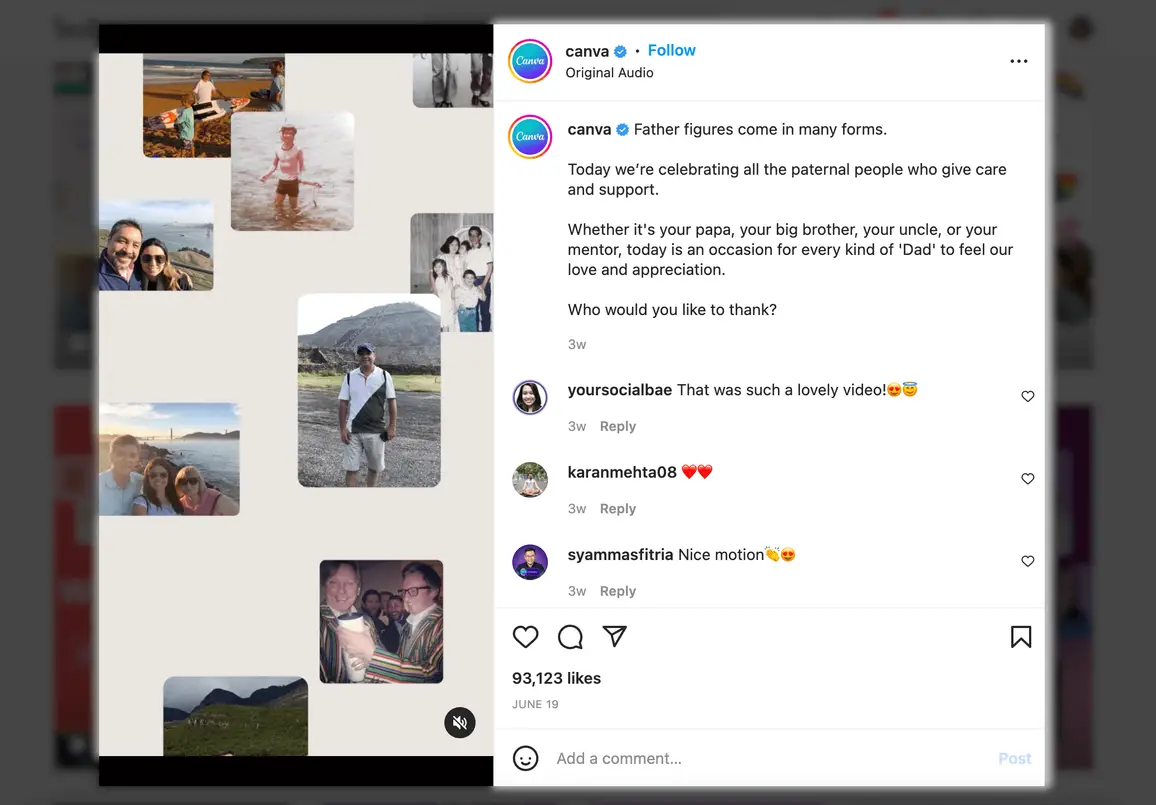 Screenshot sample of High-performing Instagram Reels @canva Father figures come in many forms
