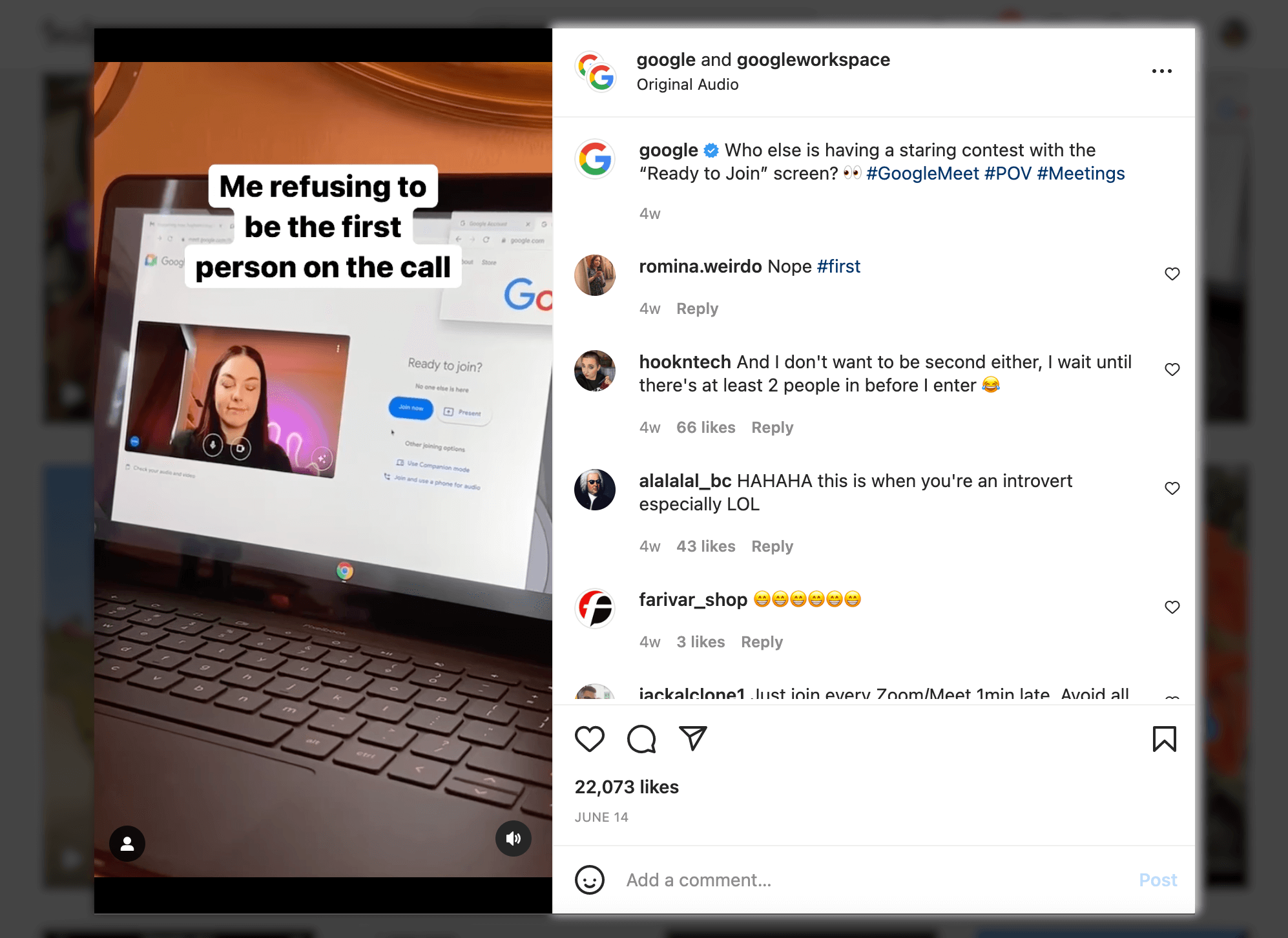 Screenshot sample of High-performing Instagram Reels @google First person on a conference