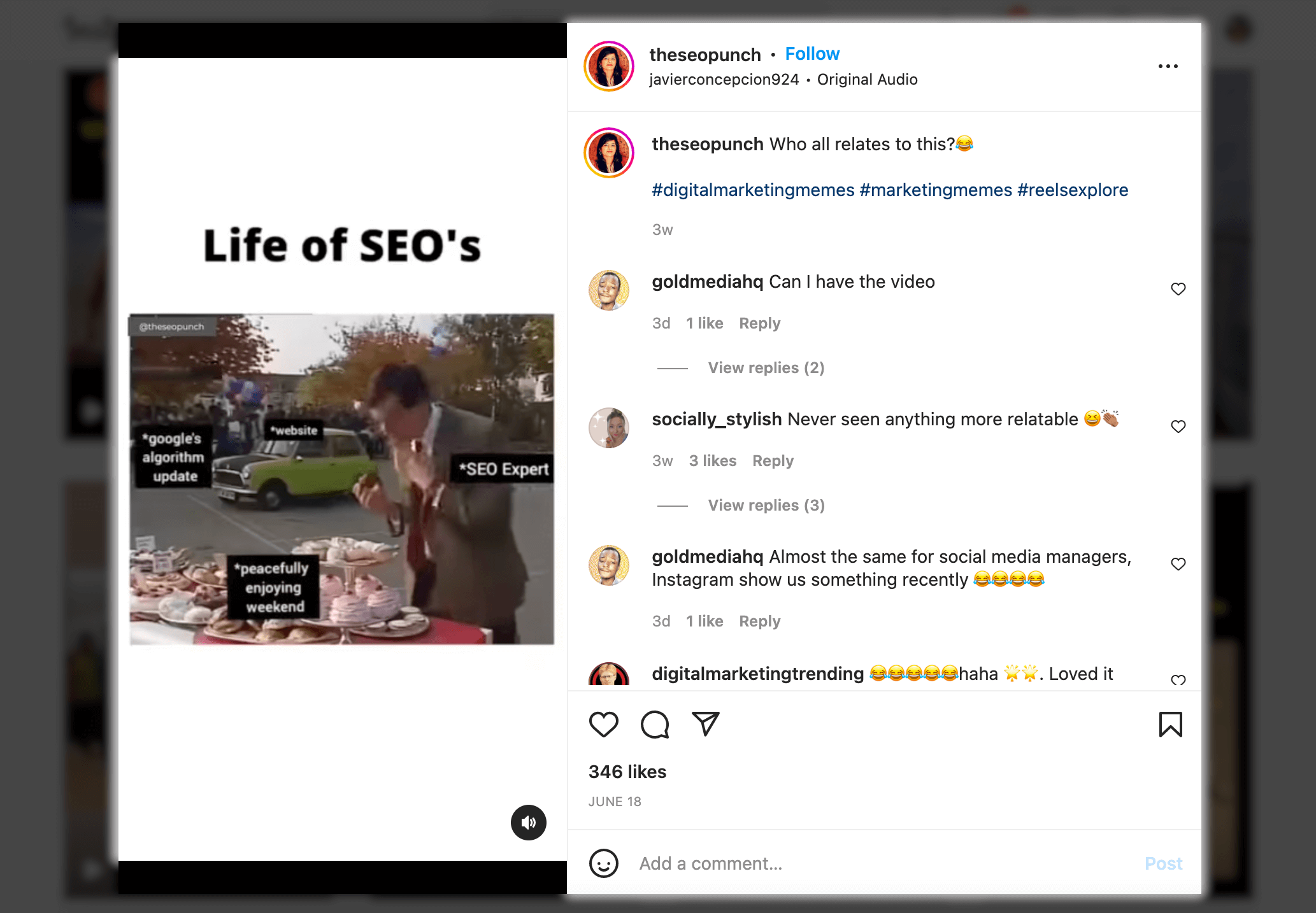 Screenshot sample of High-performing Instagram Reels @theseopunch Life of SEOs