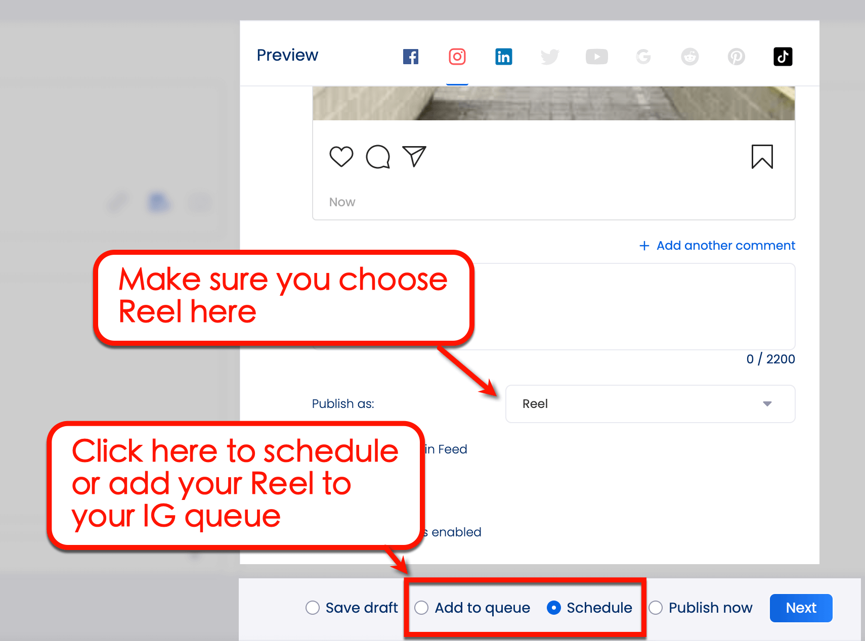 Screenshot of Vista Social's Add to Queue option