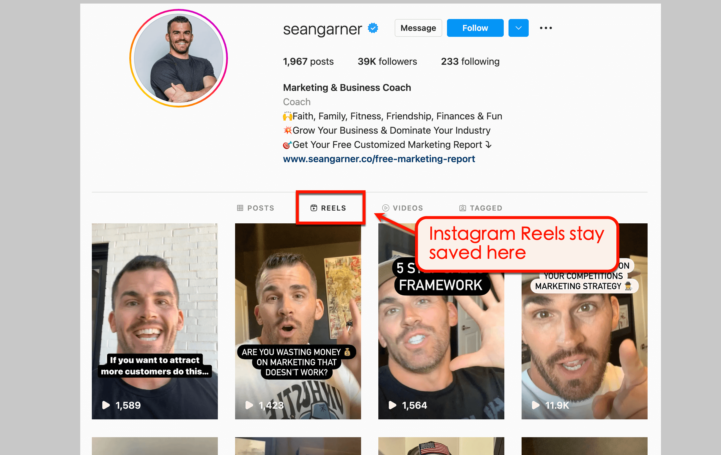Screenshot of sample reels from @SeanGarner IG