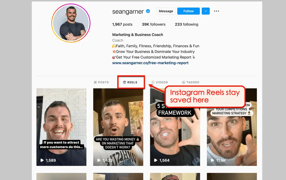 Screenshot of sample reels from @SeanGarner IG
