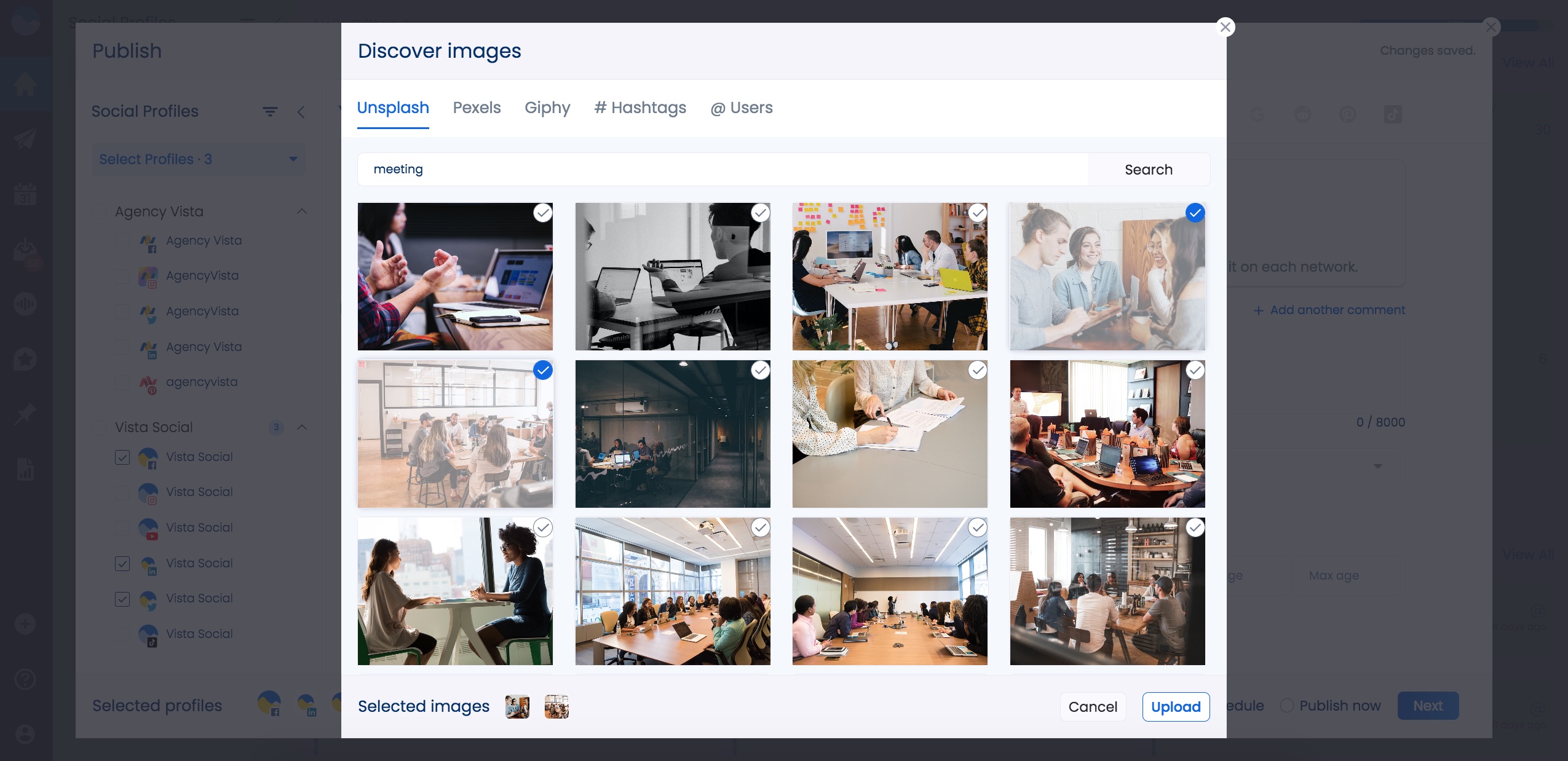 The discover images module on Vista Social lets you find stock images from Unsplash, Pexels, Giphy, and Instagram.