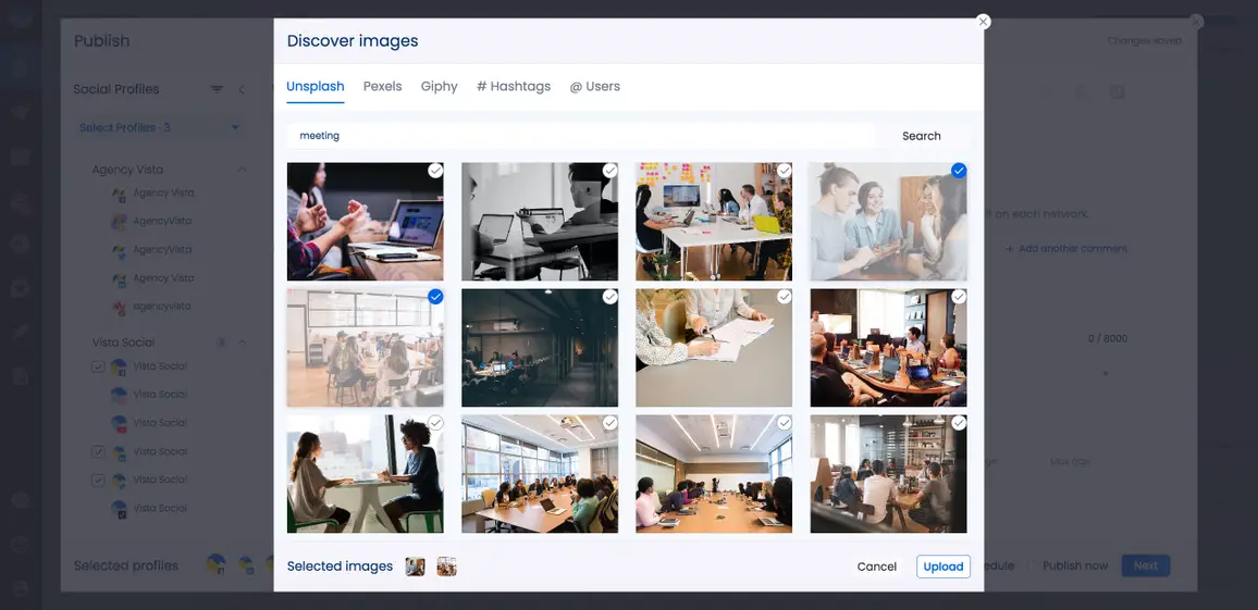 The discover images module on Vista Social lets you find stock images from Unsplash, Pexels, Giphy, and Instagram.