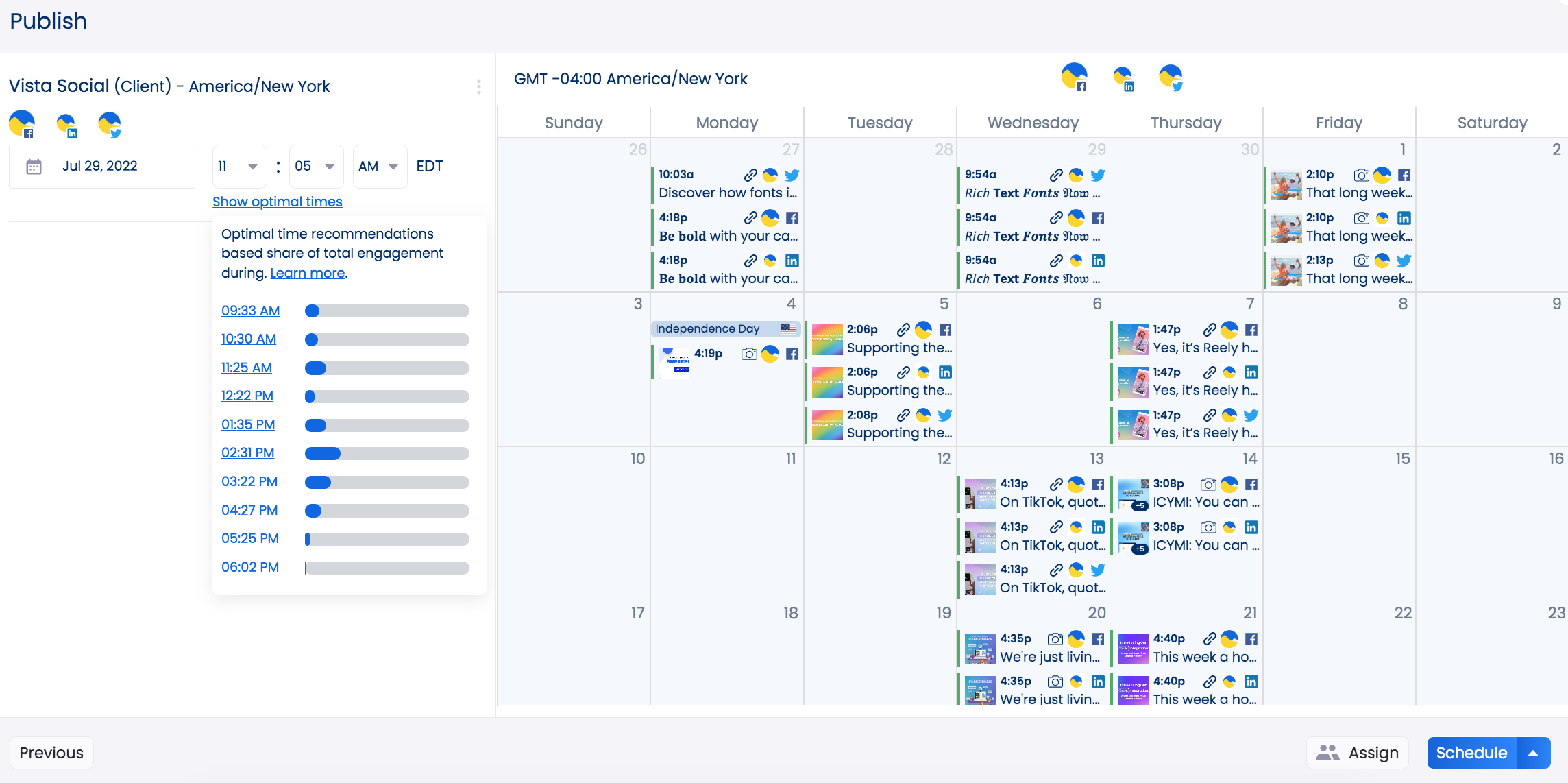 Optimal Time feature in Vista Social
