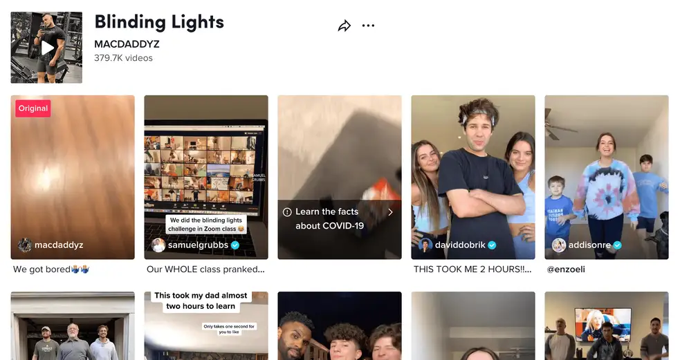 Screenshot of TikTok Challenge Ideas - #blindinglightschallenge