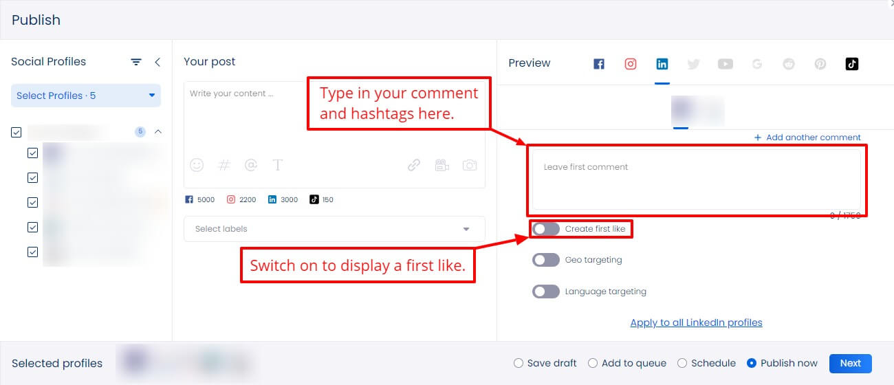 Screenshot of Vista Social's comment or hashtag option