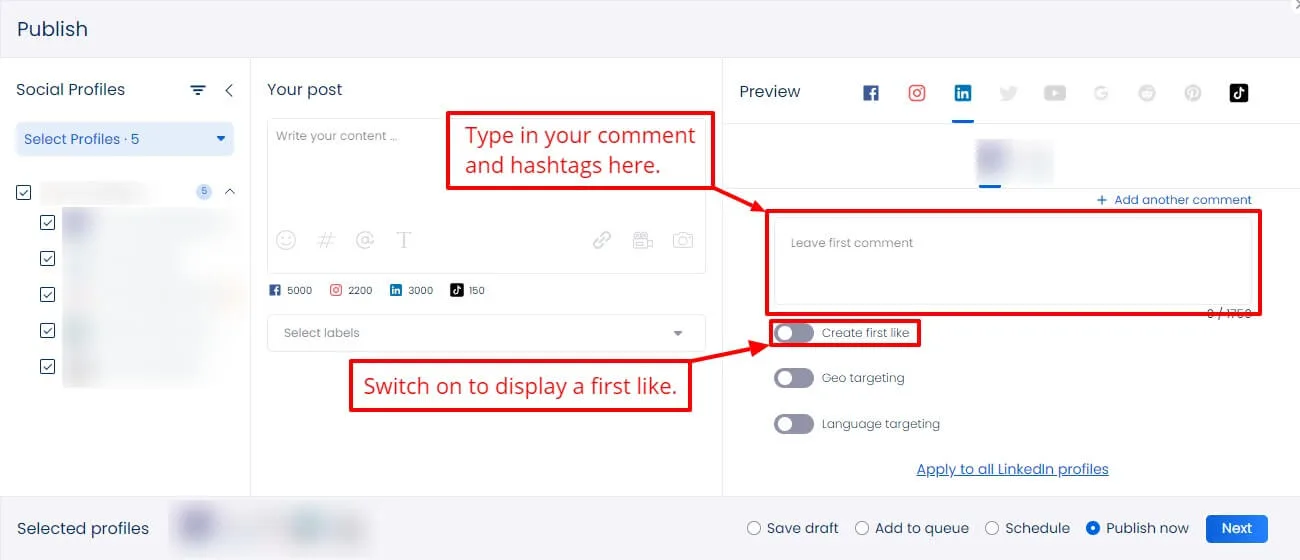 Screenshot of Vista Social's comment or hashtag option