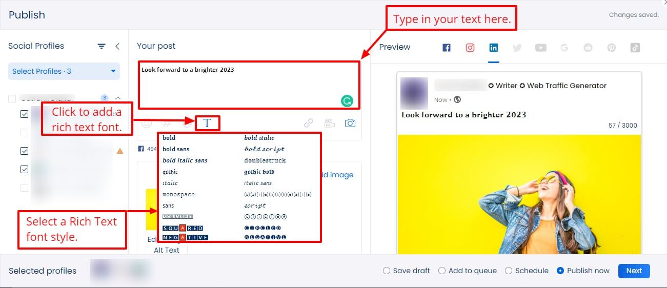 Screenshot of Vista Social's font style option