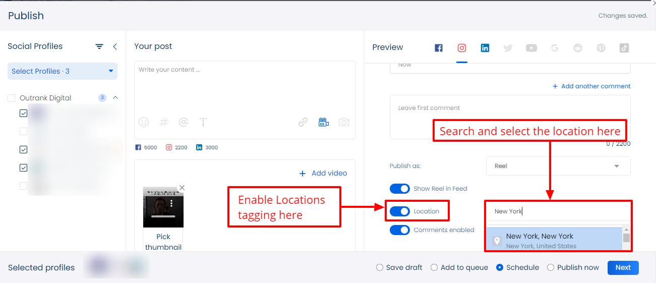 Screenshot of Vista Social's location tagging
