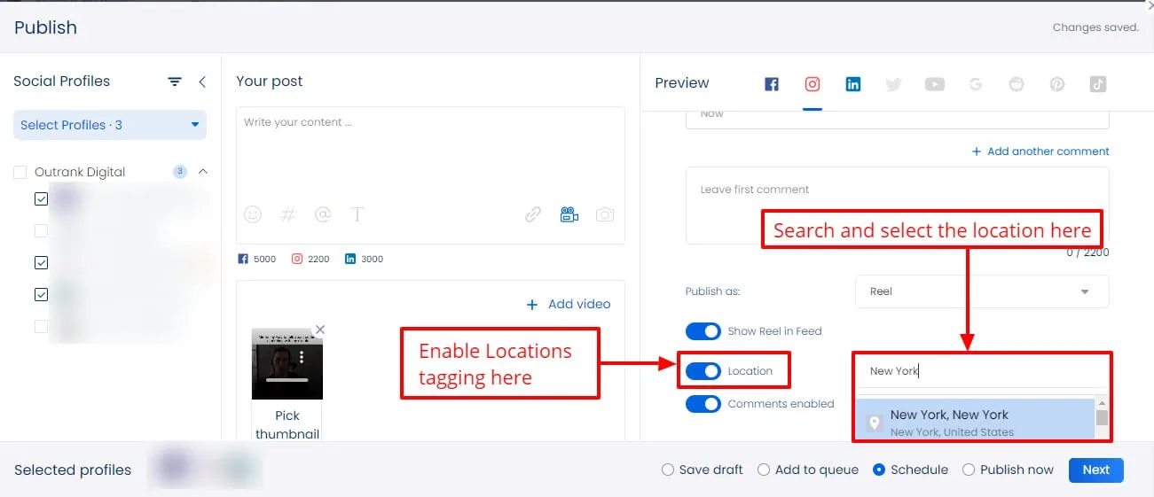 Screenshot of Vista Social's location tagging