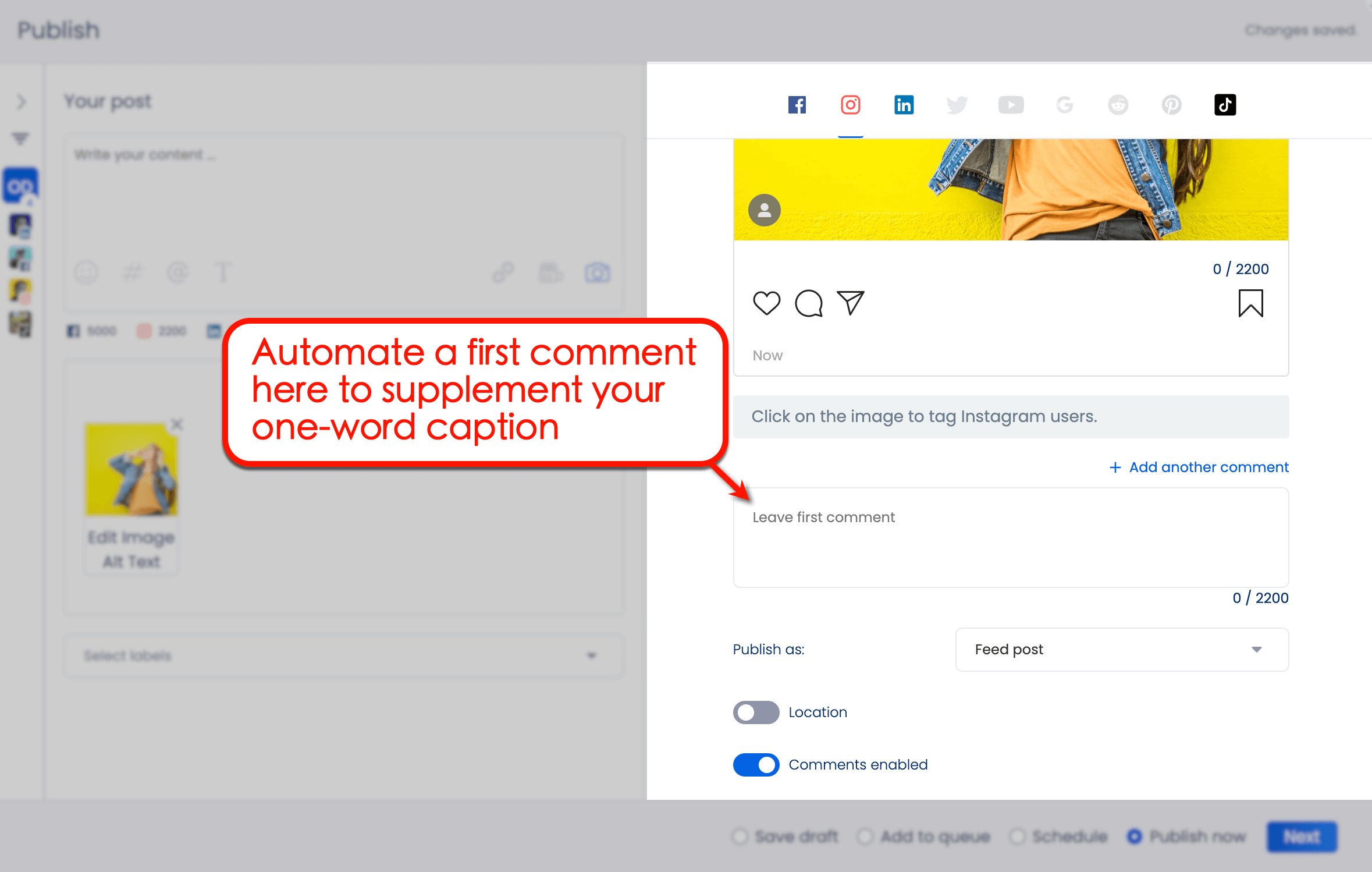 Screenshot of Vista Social's automate first comment option