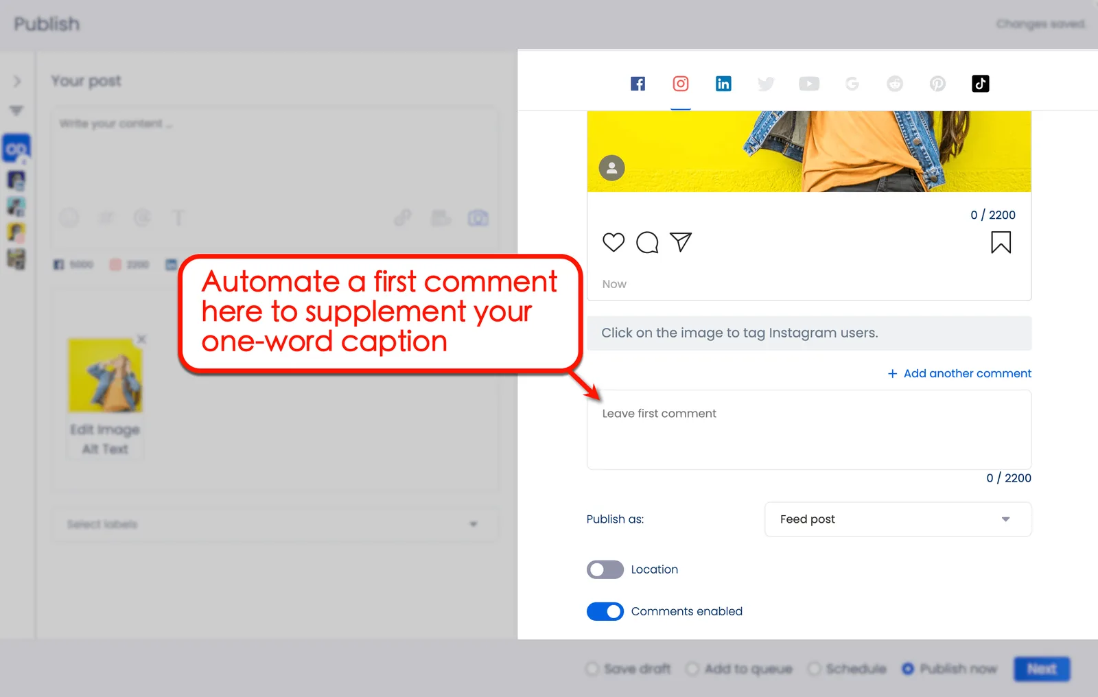 Screenshot of Vista Social's automate first comment option
