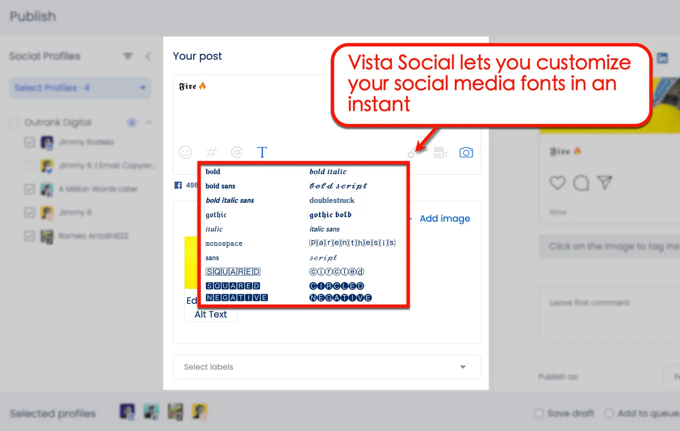 Screenshot of Vista Social's customize font option