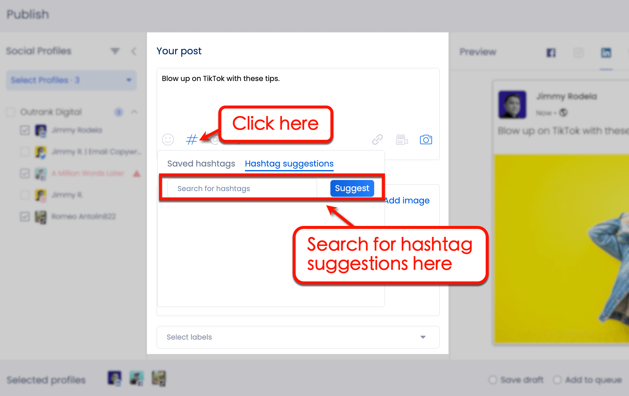 Screenshot of Vista Social's option to search for Hashtag suggestions