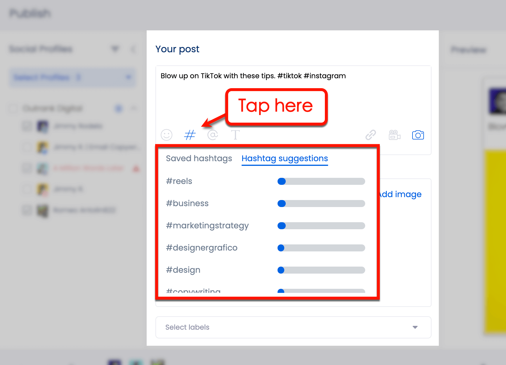 Screenshot of Vista Social's hashtag suggestions
