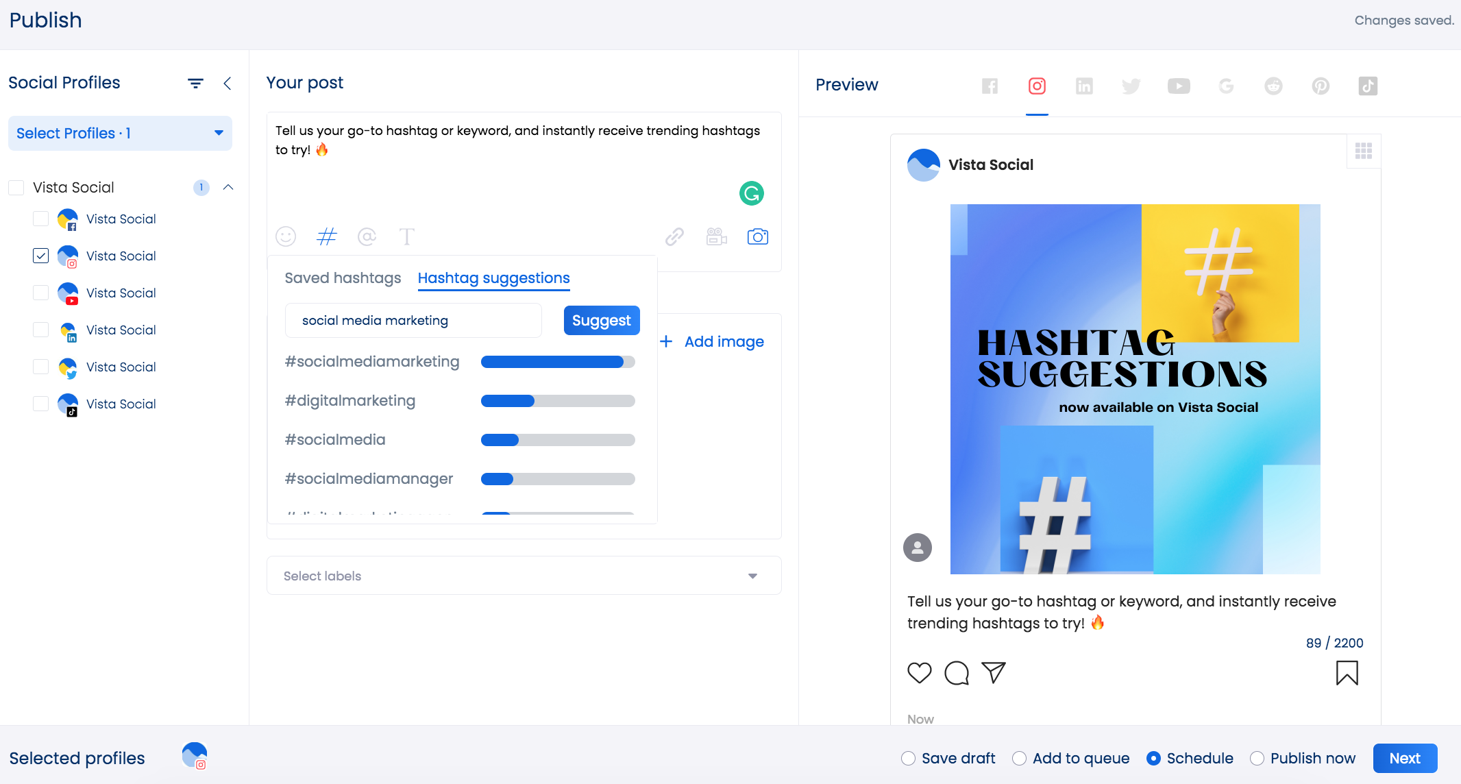 Screenshot of Vista Social's hashtag tools