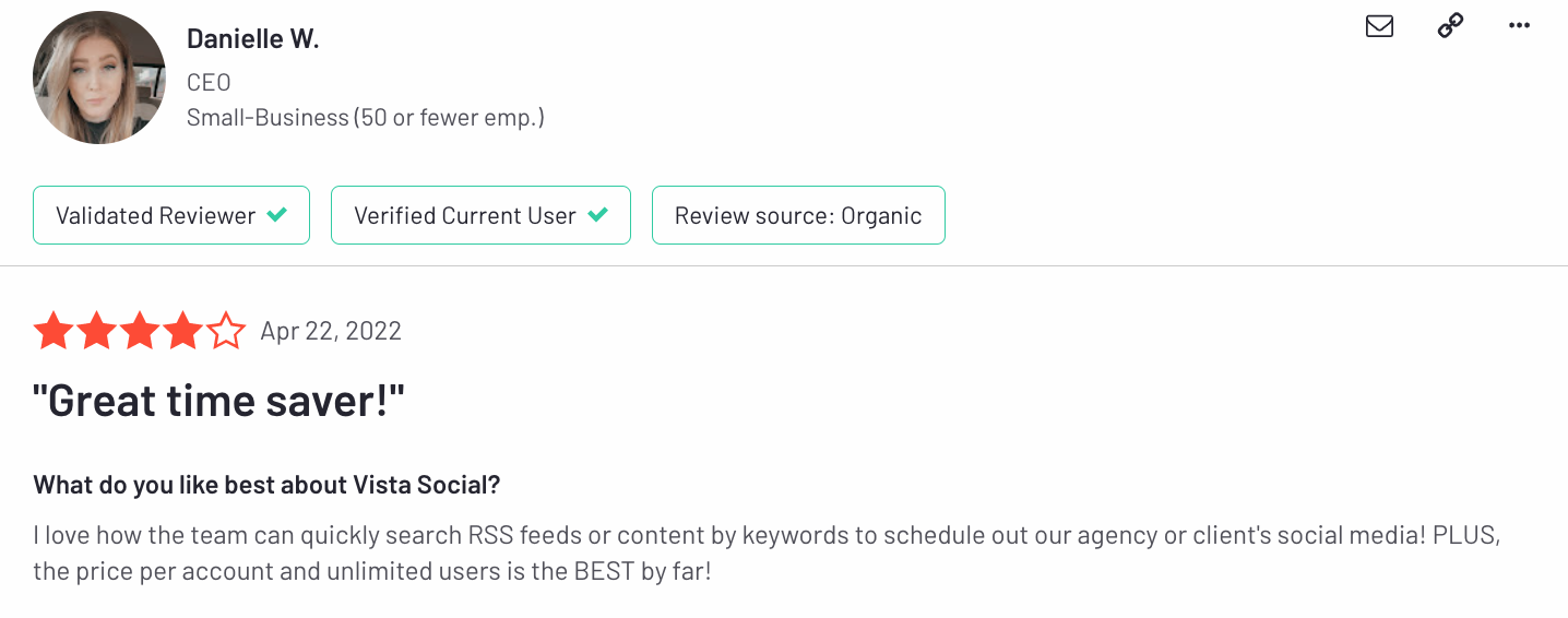 Real Customer Review of Vista Social on G2 | Vista Social's Content Creation Tools