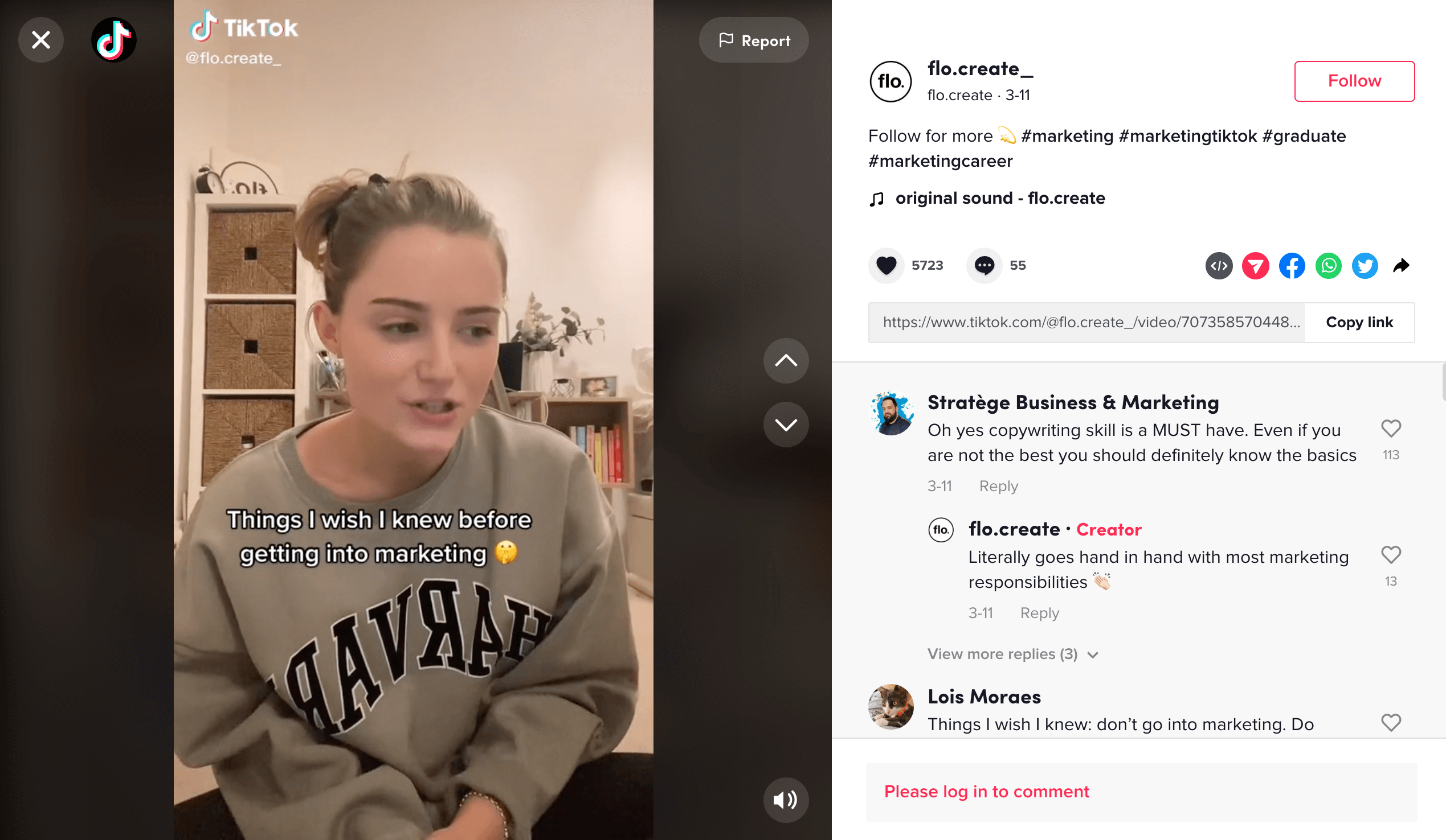 Screenshot of sample TikTok trending videos - Things I wish I knew before getting into marketing - @flo.create_