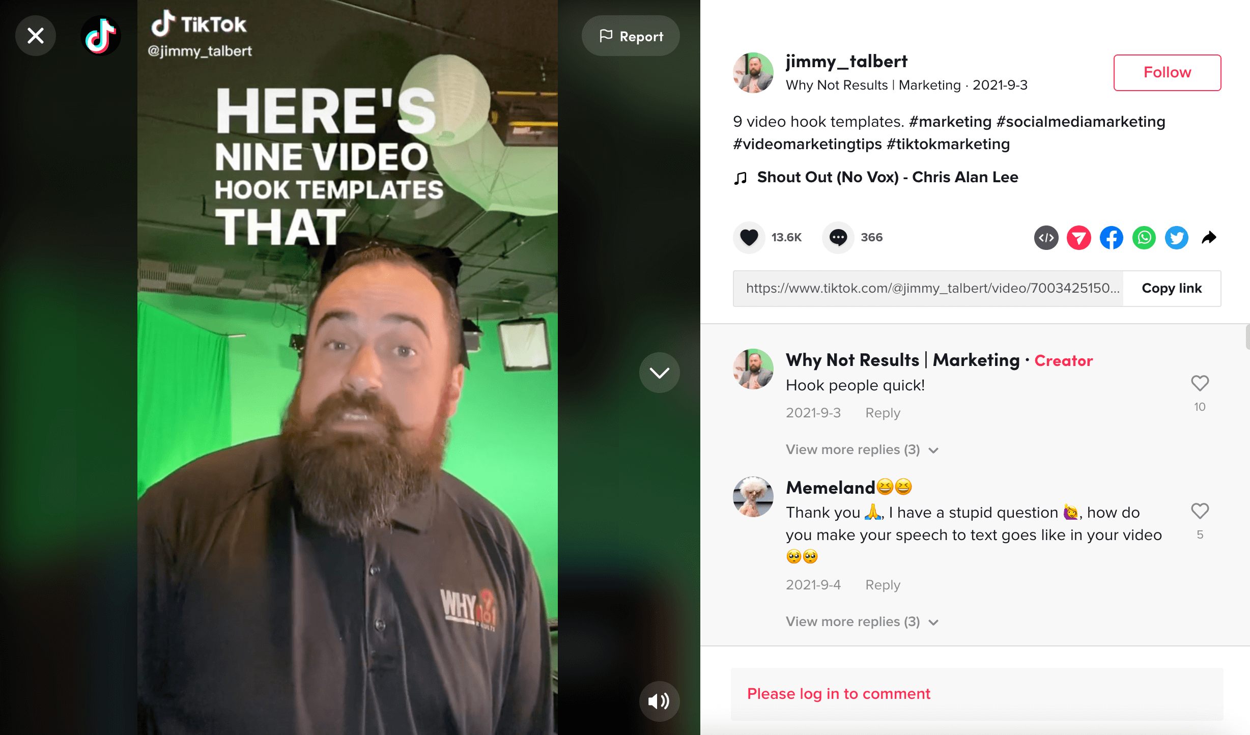 Screenshot of sample TikTok trending videos - Video hook templates - @jimmy_talbert