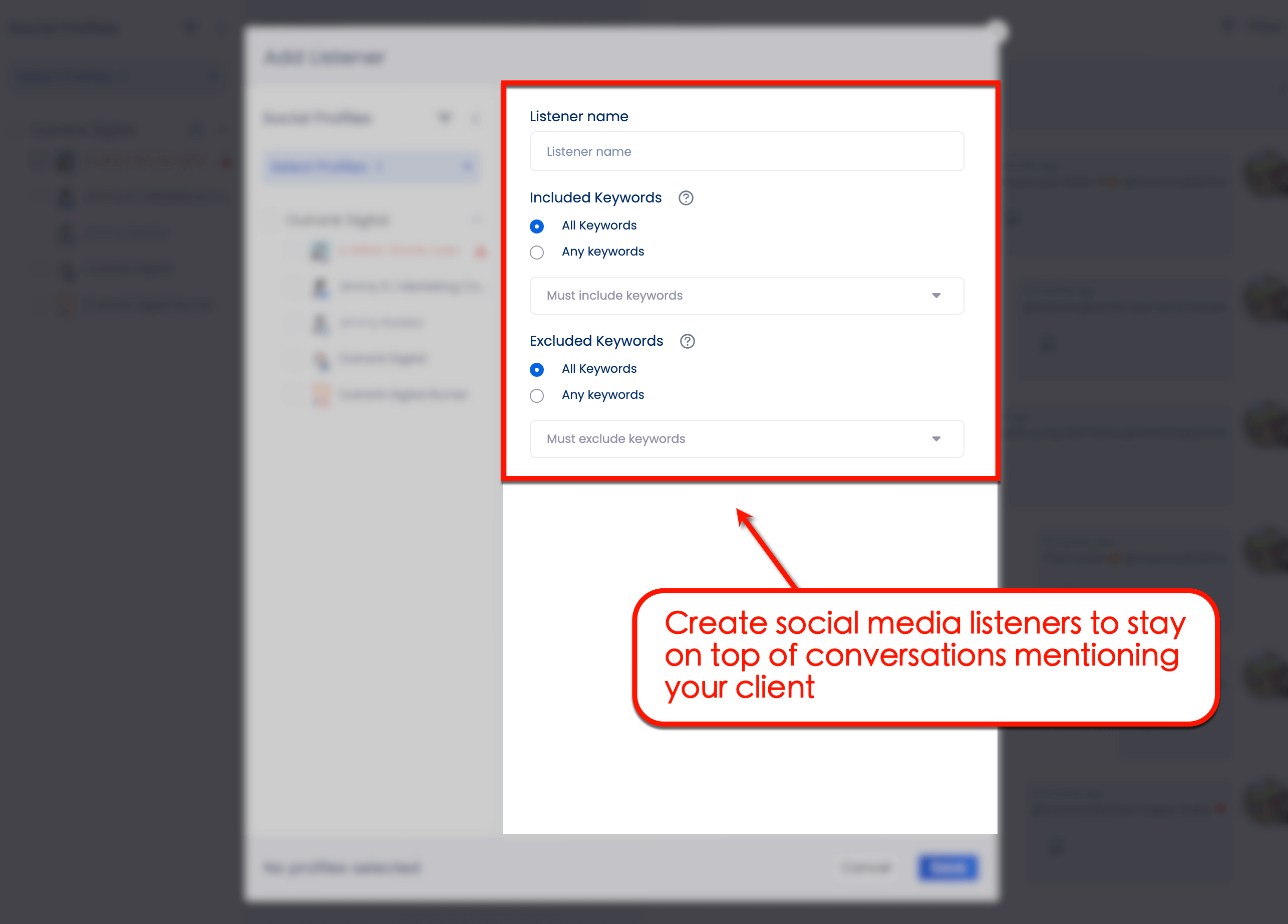 Vista Social lets you create proactive social media listeners that use keyword-based rules.